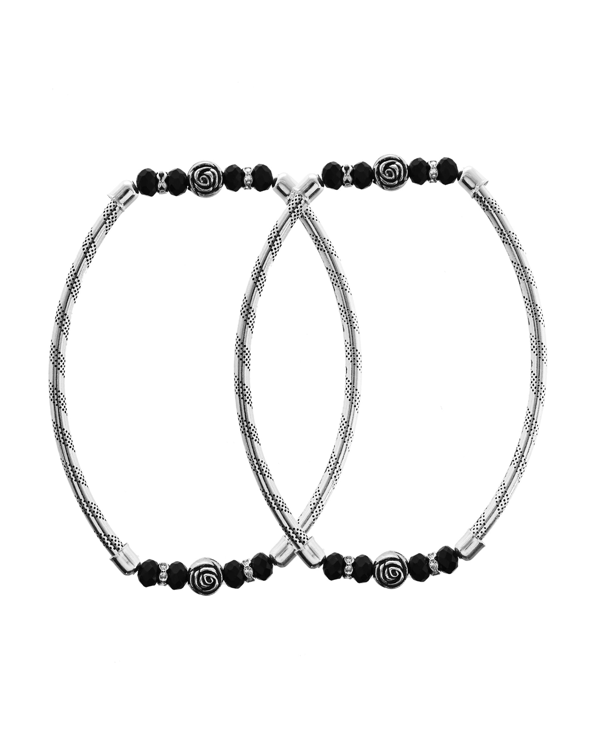 VOJ Set of 2 Silver Tone Stainless Steel Artificial Beads Elasticated Anklet 