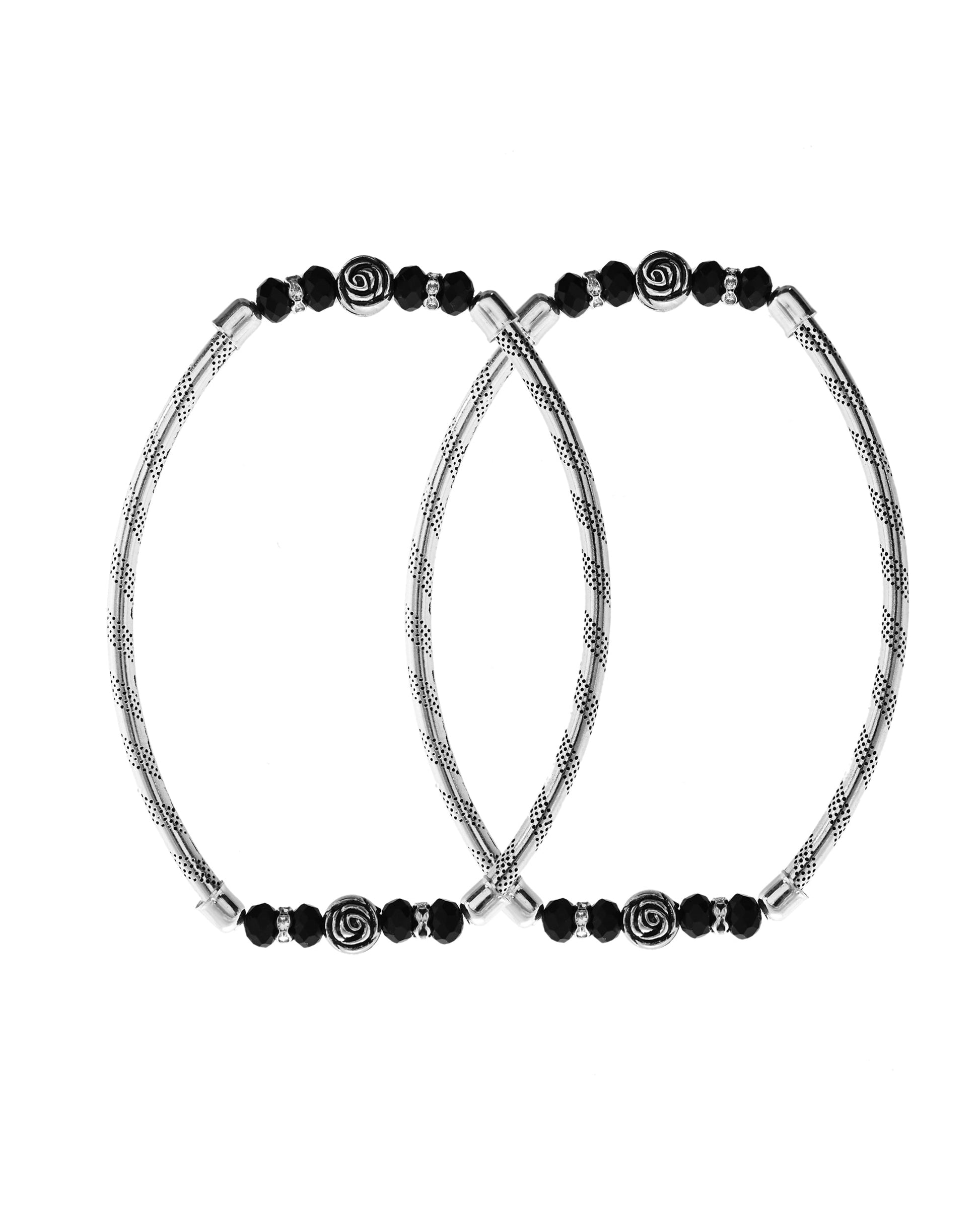 VOJ Set of 2 Silver Tone Stainless Steel Artificial Beads Elasticated Anklet 