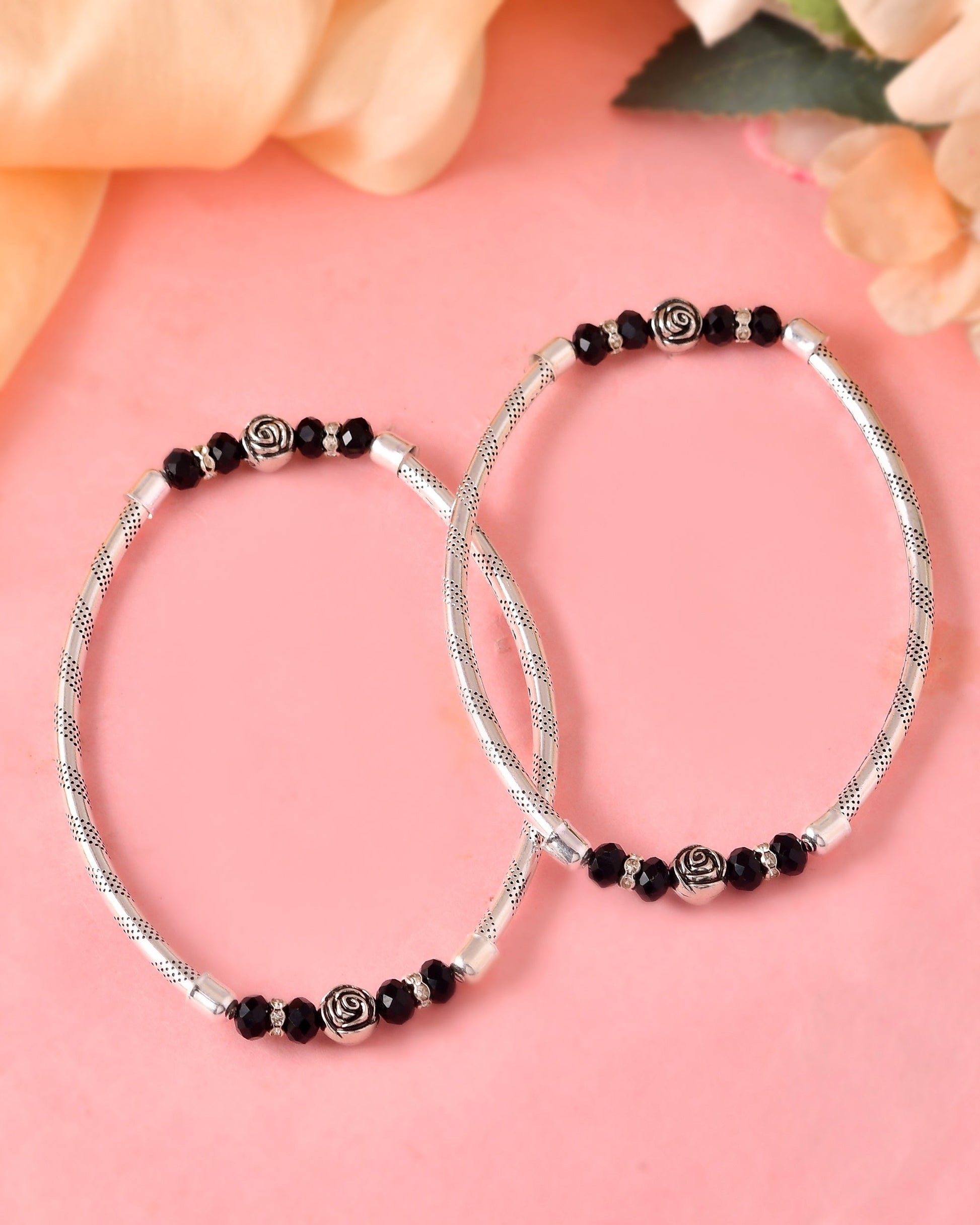 VOJ Set of 2 Silver Tone Stainless Steel Artificial Beads Elasticated Anklet 