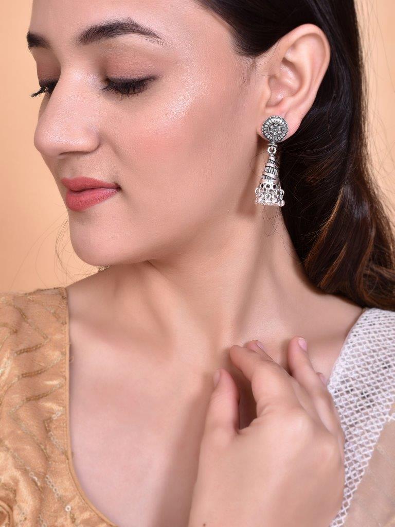 VOJ Oxidised Silver Plated Contemporary Jhumka - Grab2buy