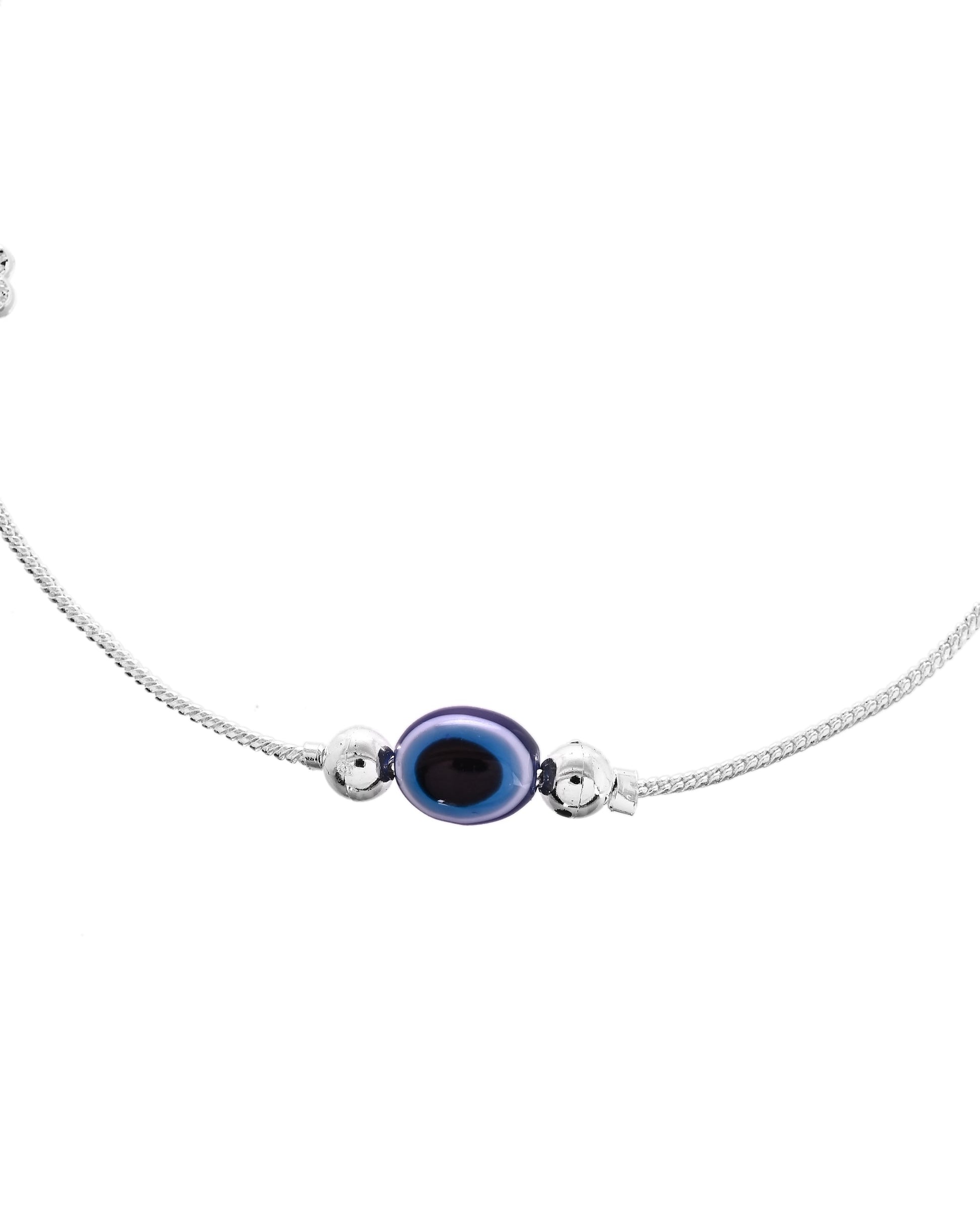 VOJ Set of 2 Silver Plated Evil Eye Bead Studded Stainless Steel Anklet 