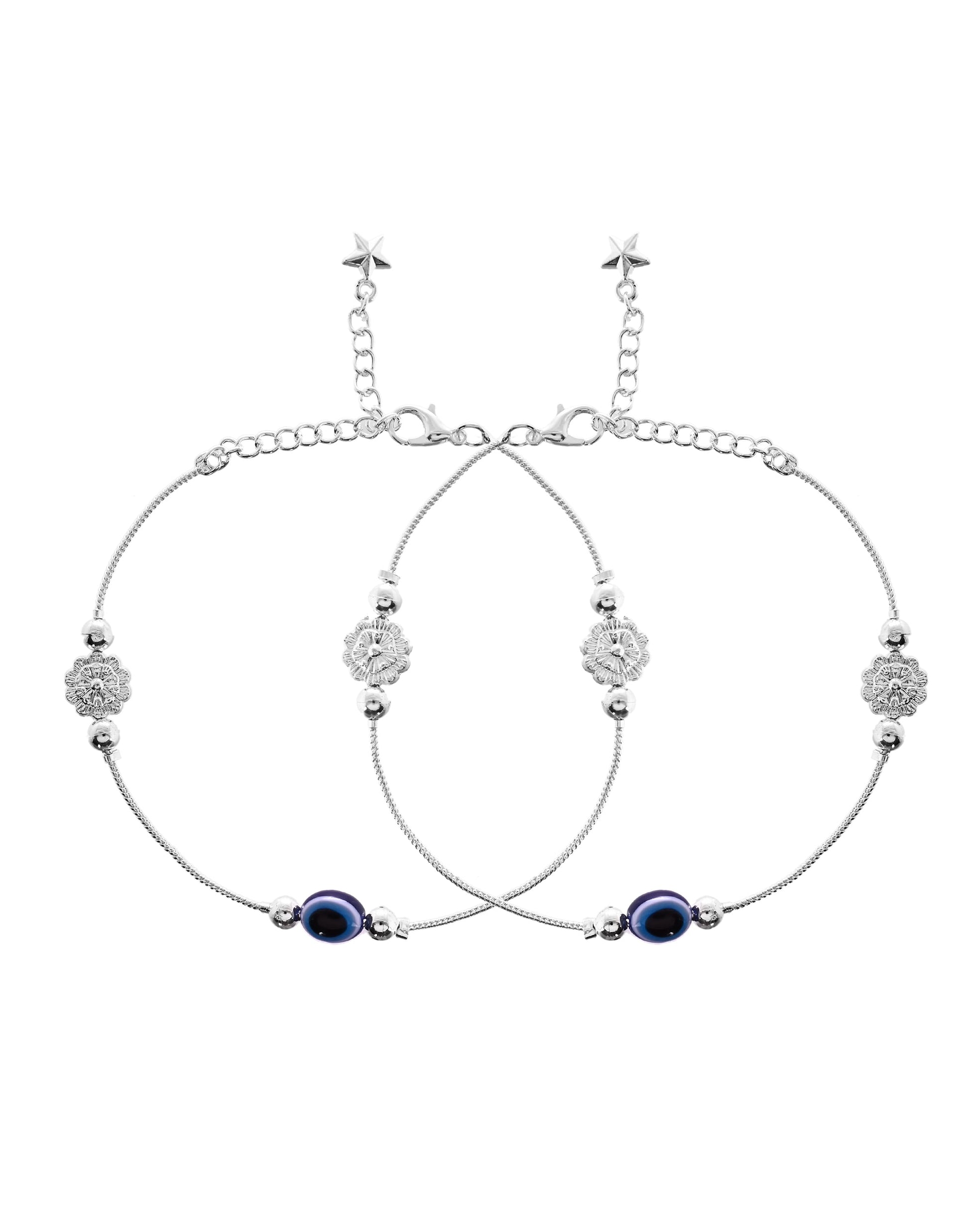 VOJ Set of 2 Silver Plated Evil Eye Bead Studded Stainless Steel Anklet 