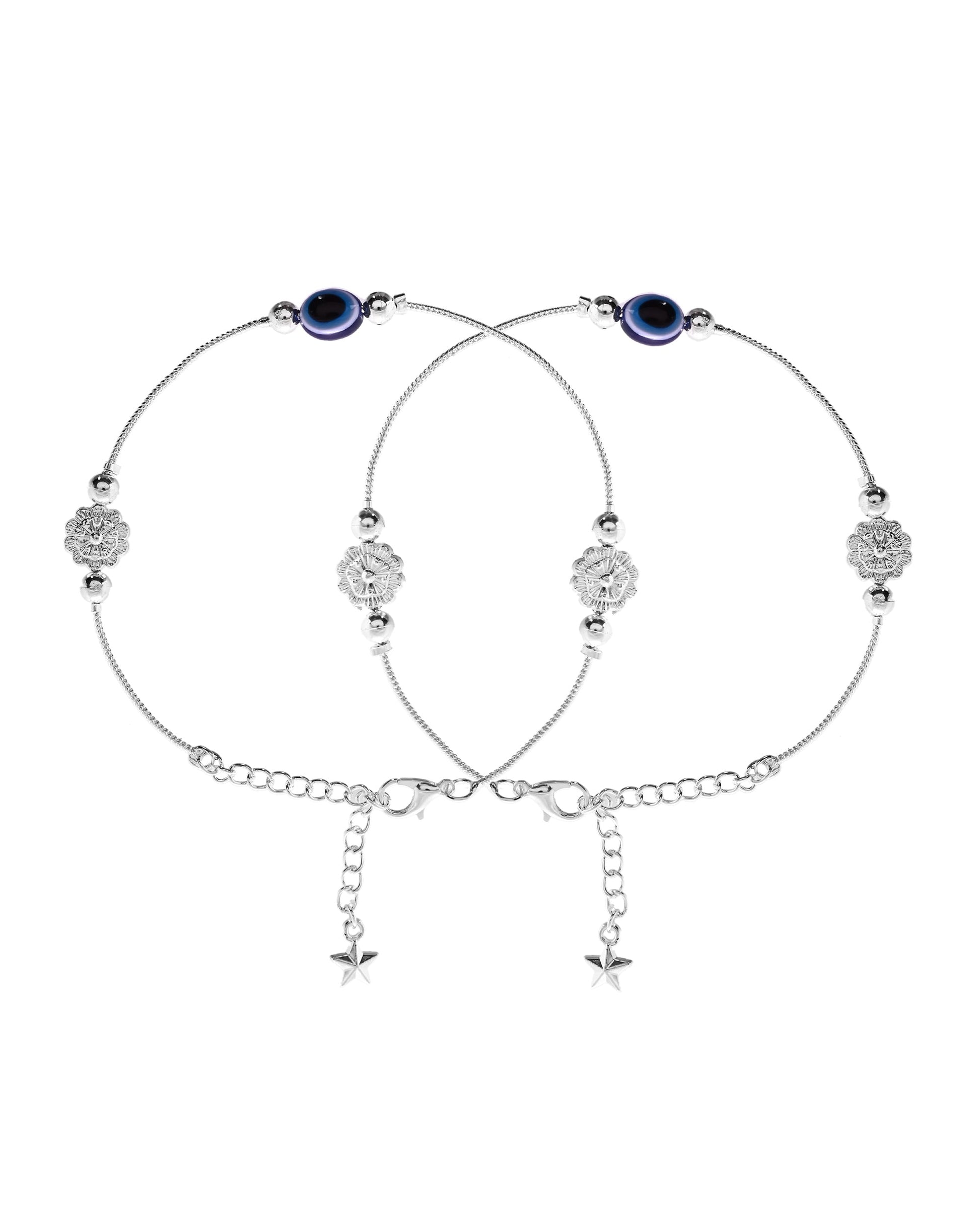 VOJ Set of 2 Silver Plated Evil Eye Bead Studded Stainless Steel Anklet 
