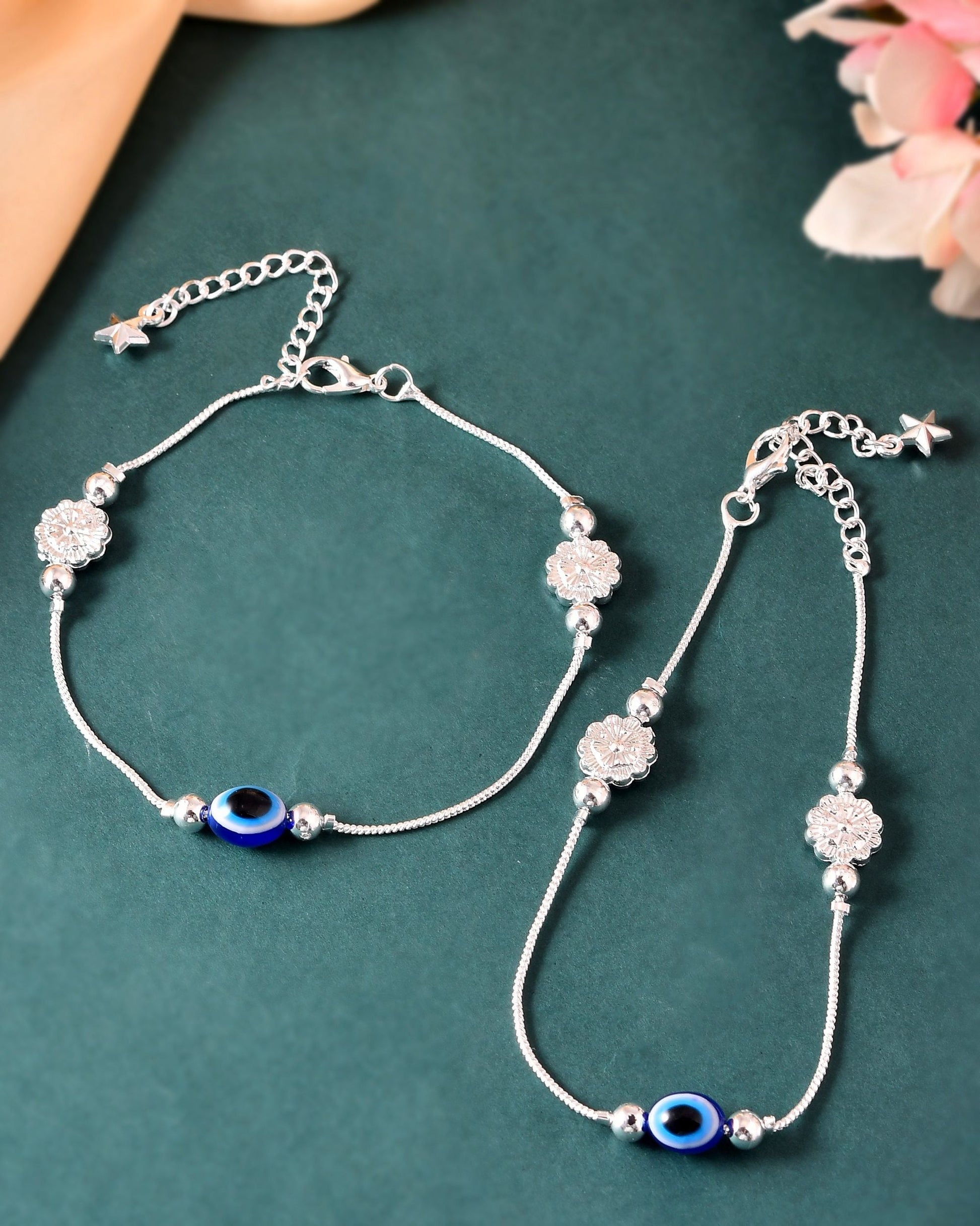 VOJ Set of 2 Silver Plated Evil Eye Bead Studded Stainless Steel Anklet 