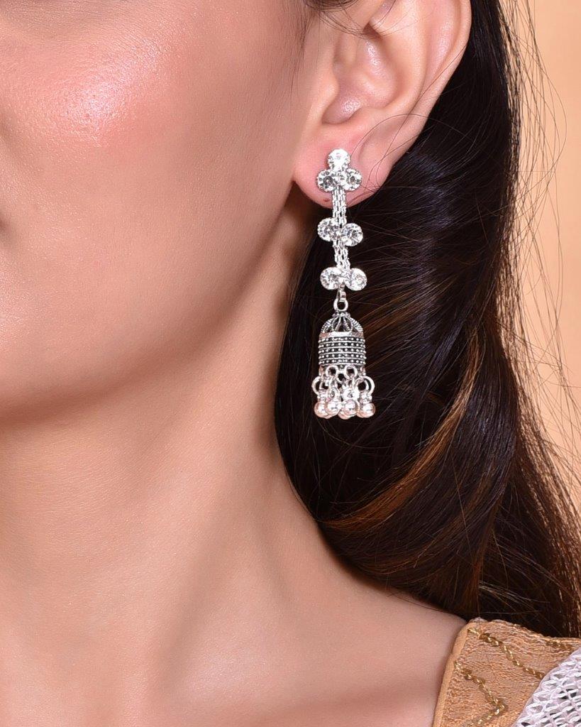 VOJ Studded Oxidised Silver Plated Contemporary Drop Earrings - Grab2buy