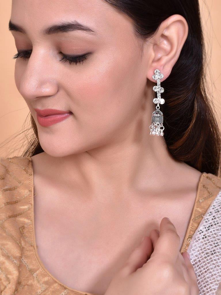 VOJ Studded Oxidised Silver Plated Contemporary Drop Earrings - Grab2buy