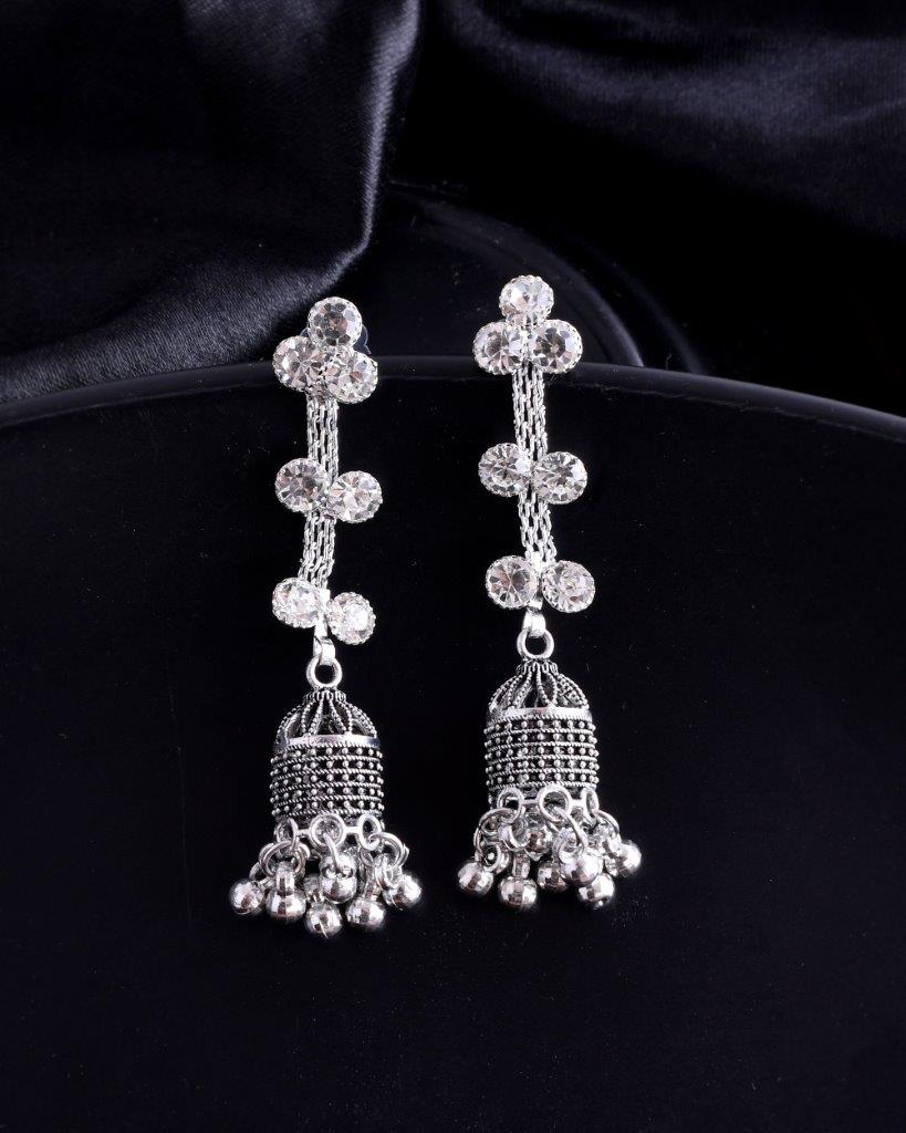 VOJ Studded Oxidised Silver Plated Contemporary Drop Earrings - Grab2buy
