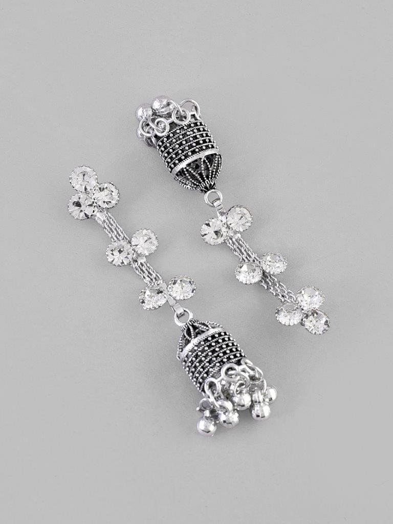 VOJ Studded Oxidised Silver Plated Contemporary Drop Earrings - Grab2buy