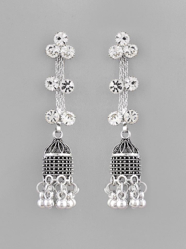 VOJ Studded Oxidised Silver Plated Contemporary Drop Earrings - Grab2buy