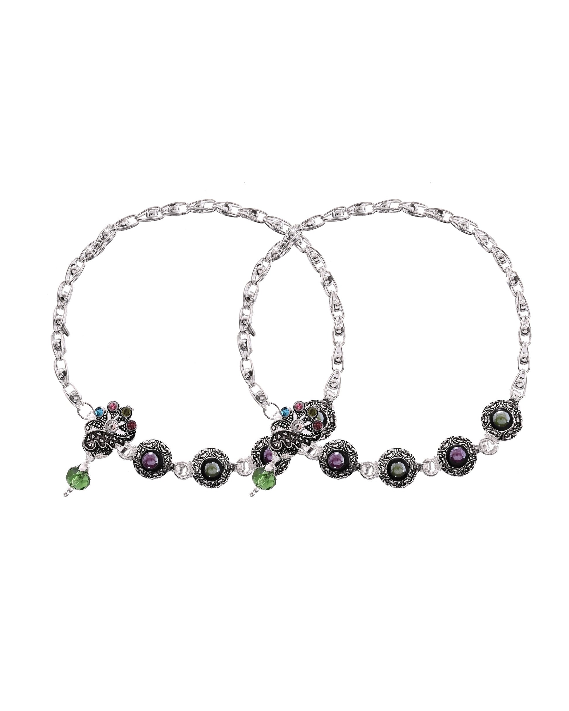 VOJ Set of 2 Handcrafted Stone Studded oxidized Anklet 