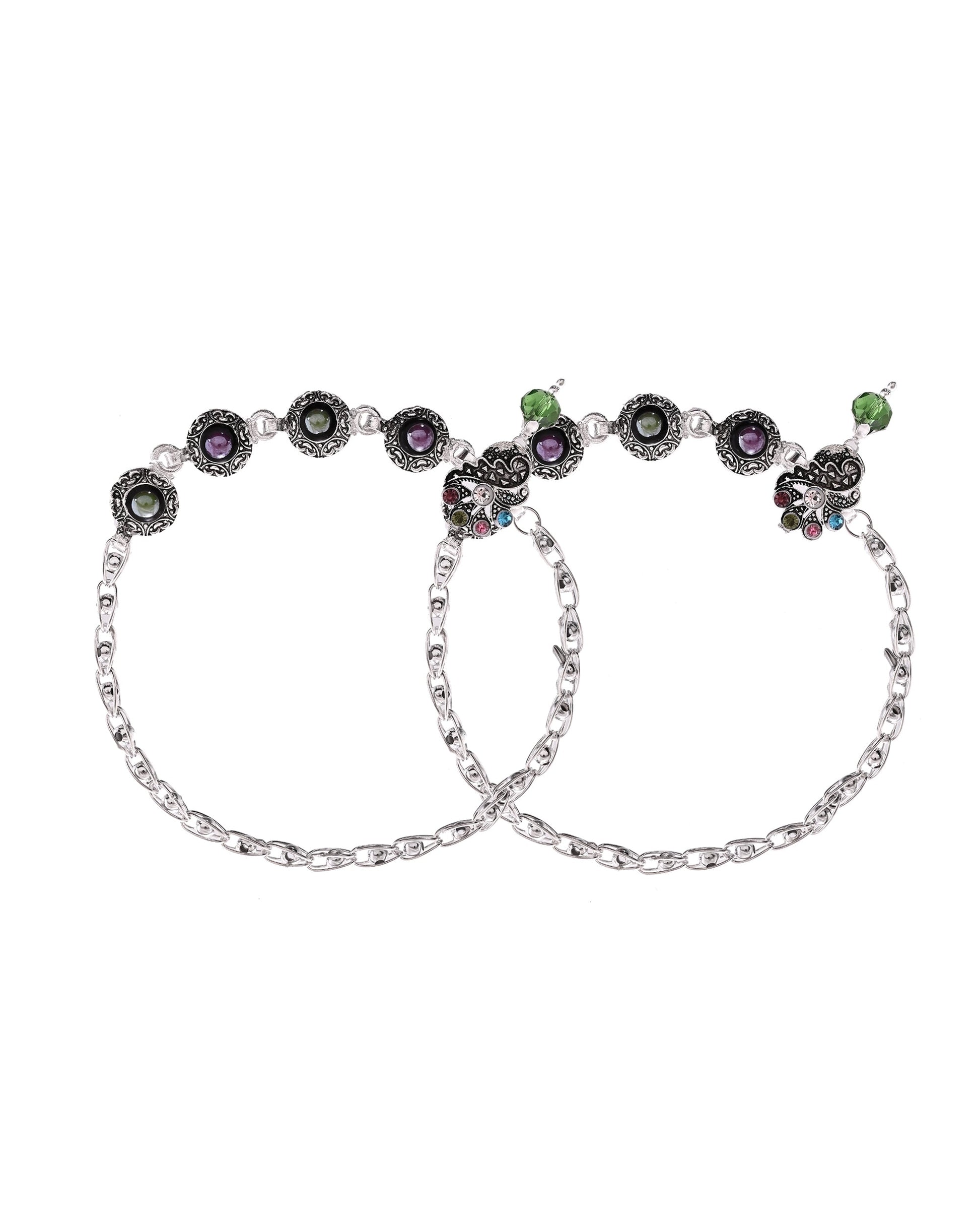 VOJ Set of 2 Handcrafted Stone Studded oxidized Anklet 