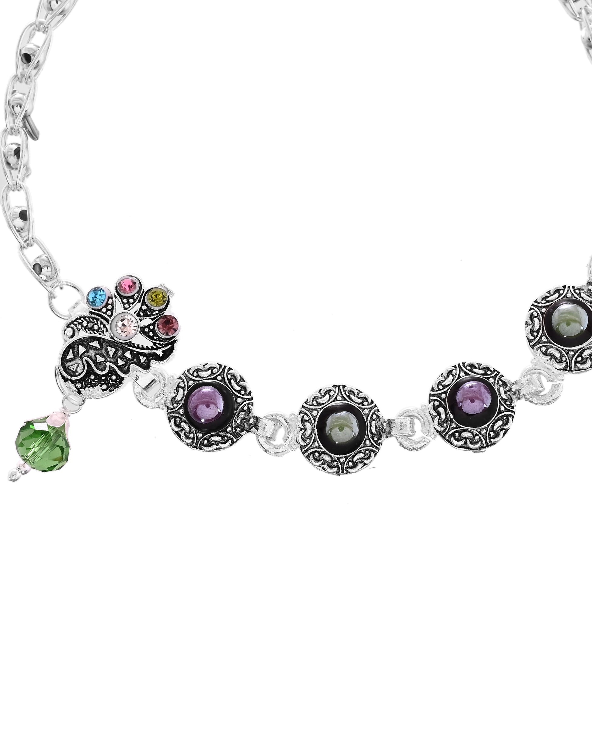 VOJ Set of 2 Handcrafted Stone Studded oxidized Anklet 