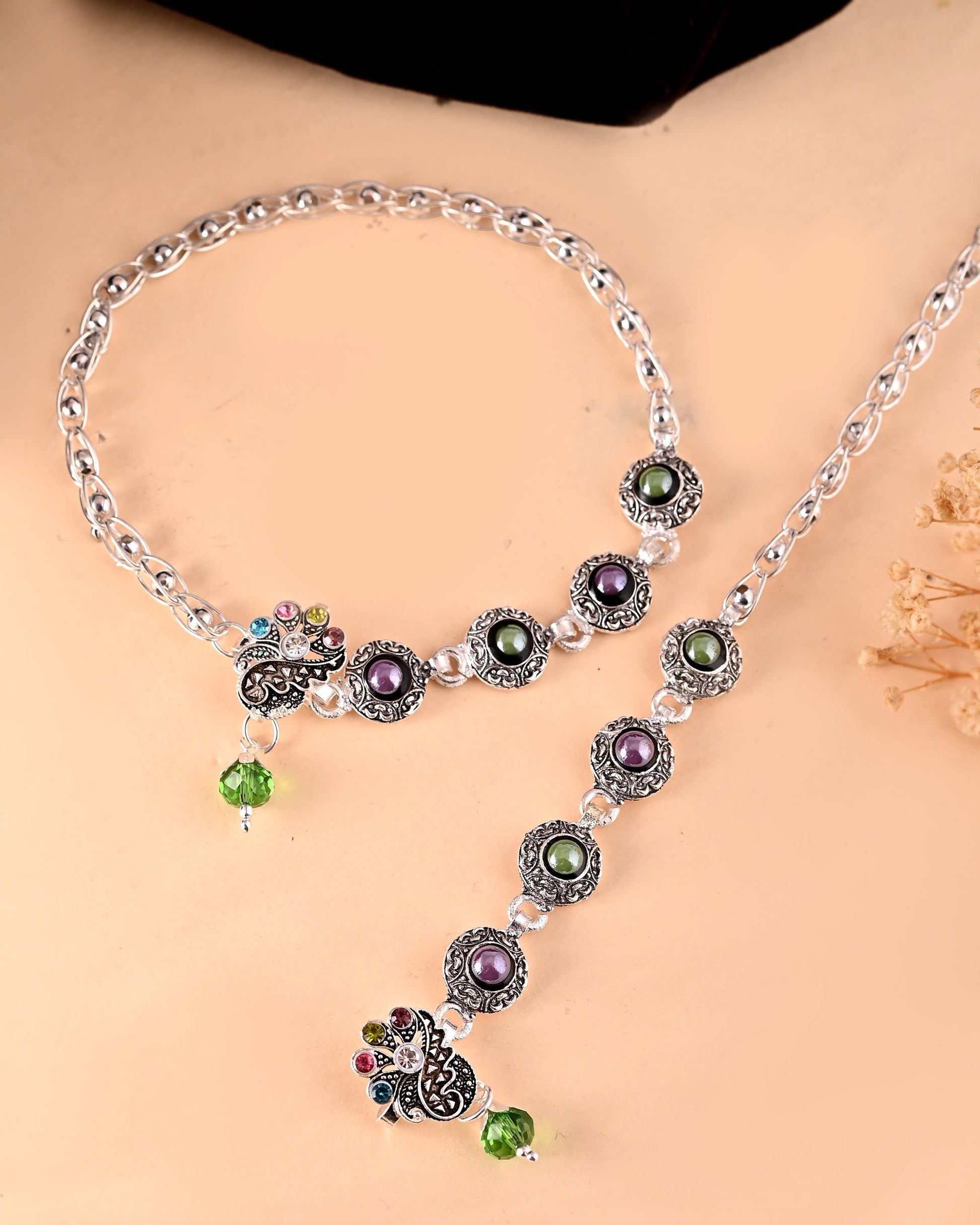 VOJ Set of 2 Handcrafted Stone Studded oxidized Anklet 