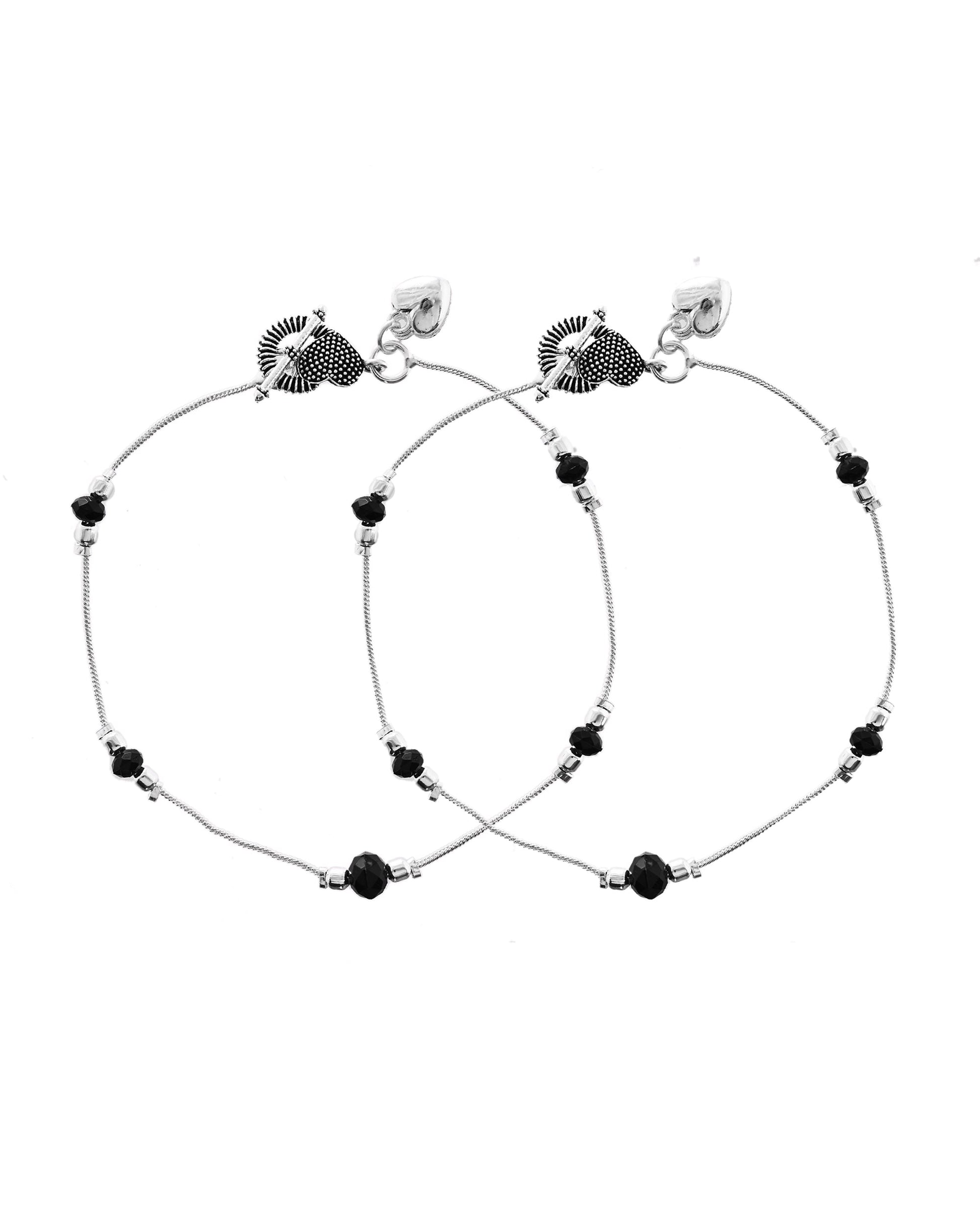 VOJ Set of 2 Black Beads Studded Designer Anklet 