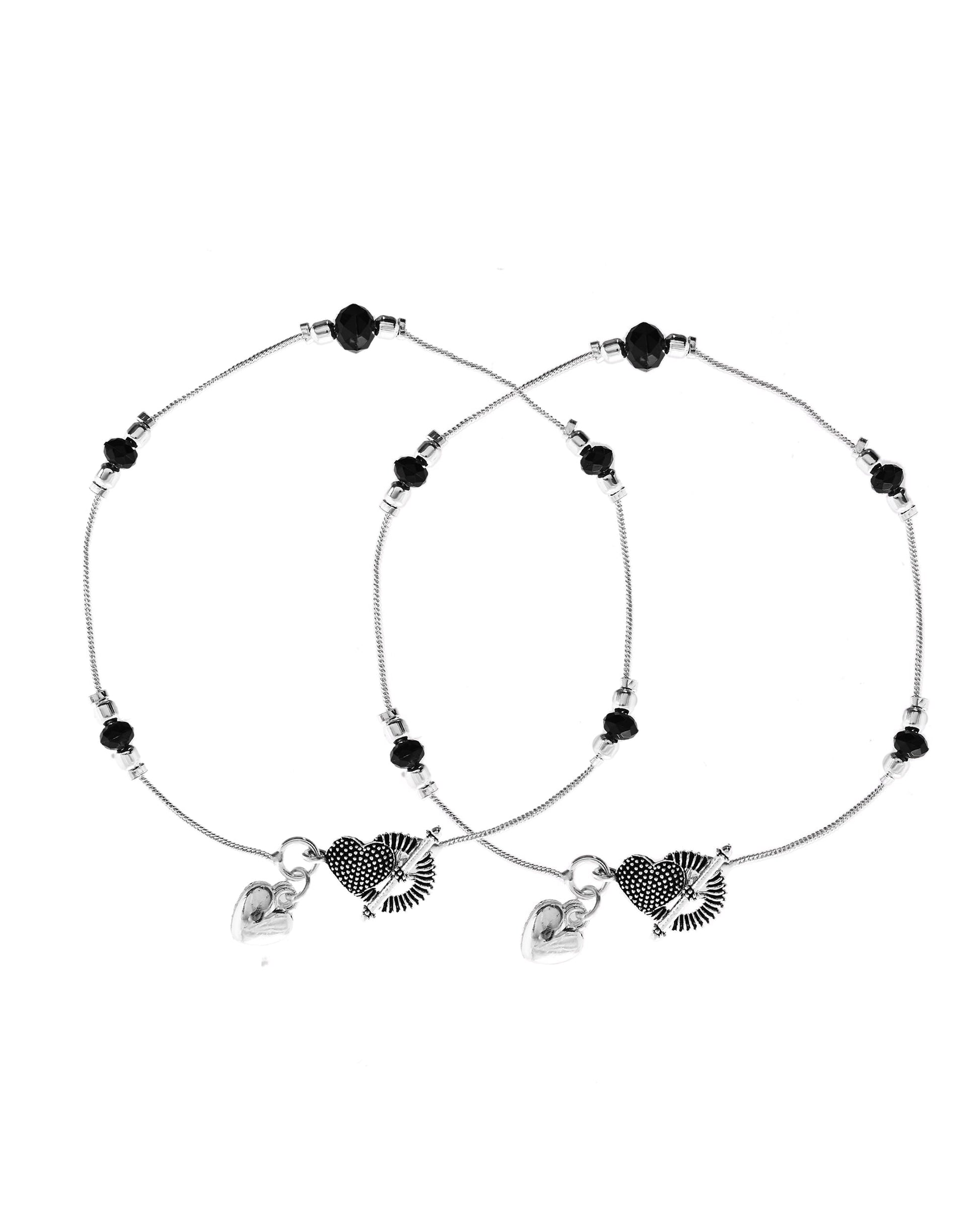 VOJ Set of 2 Black Beads Studded Designer Anklet 