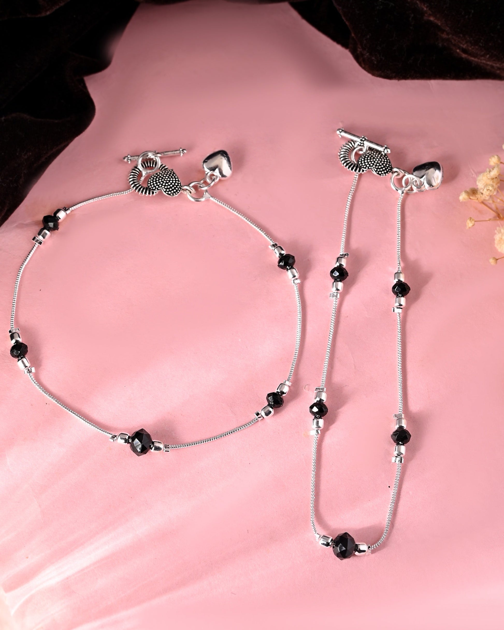 VOJ Set of 2 Black Beads Studded Designer Anklet 