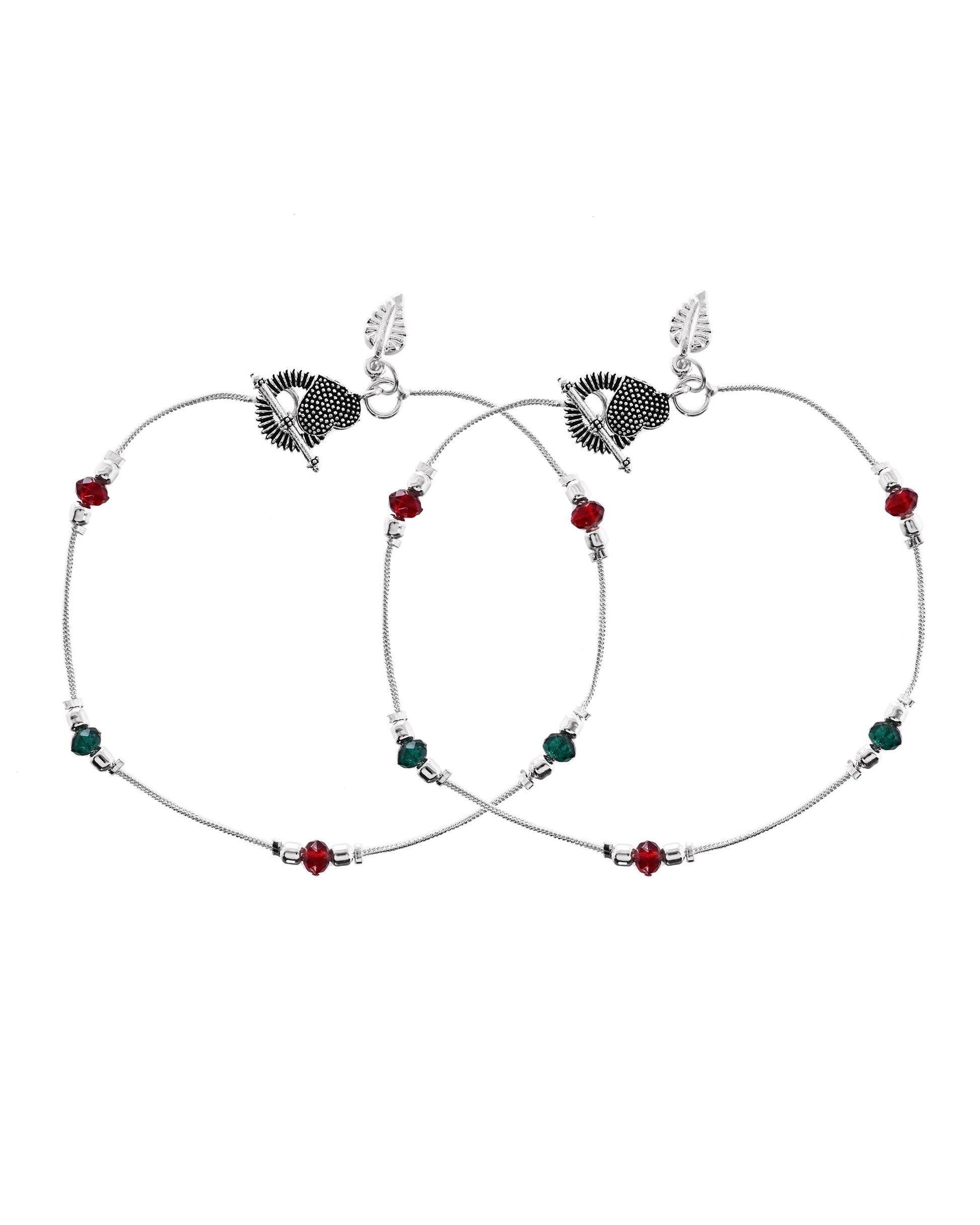 VOJ Set of 2 Silver Toned Handcrafted Artificial Beads Designer Anklet 