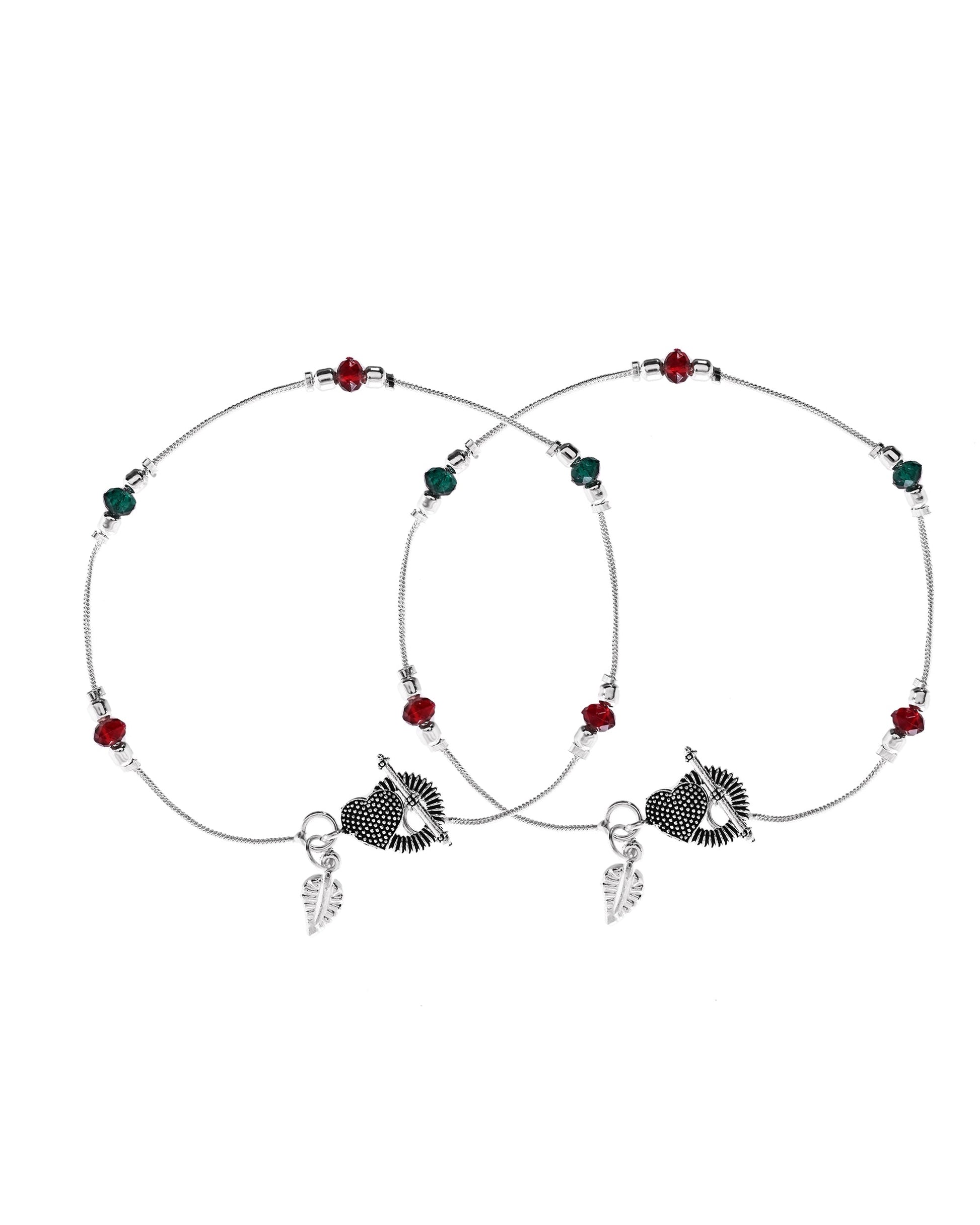 VOJ Set of 2 Silver Toned Handcrafted Artificial Beads Designer Anklet 