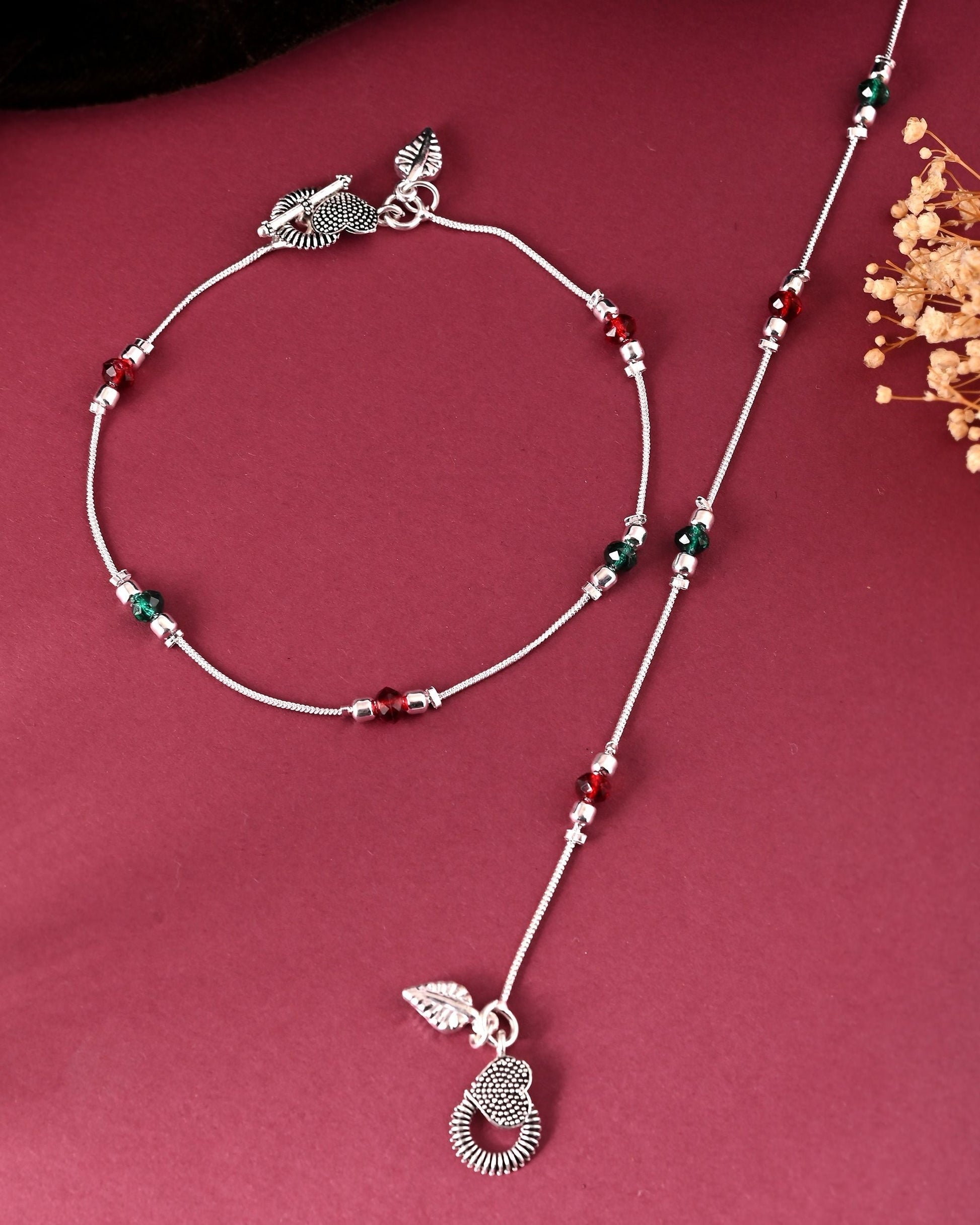 VOJ Set of 2 Silver Toned Handcrafted Artificial Beads Designer Anklet 