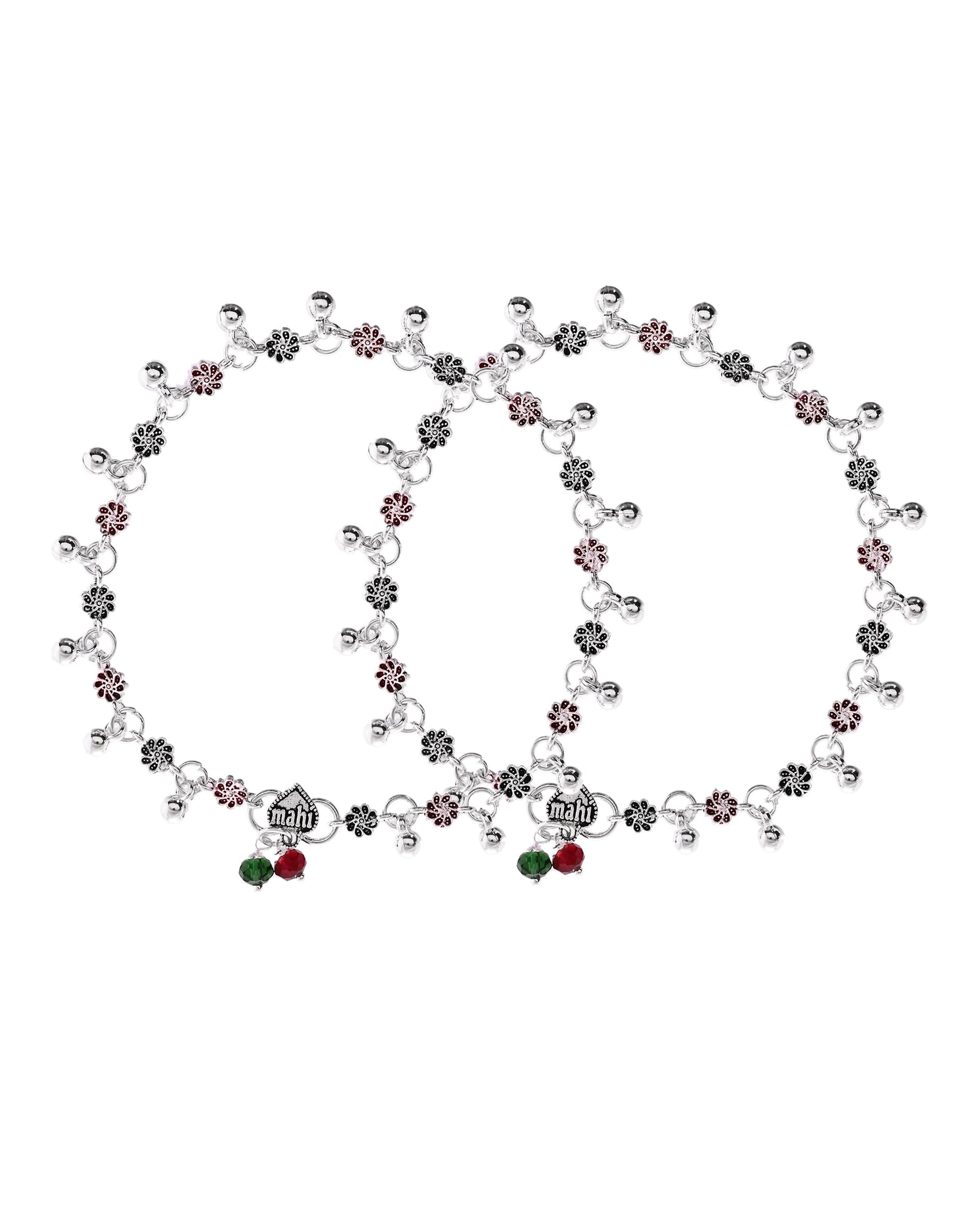 VOJ Set of 2 Silver Plated Floral Designed Meenakari Anklet - Distacart
