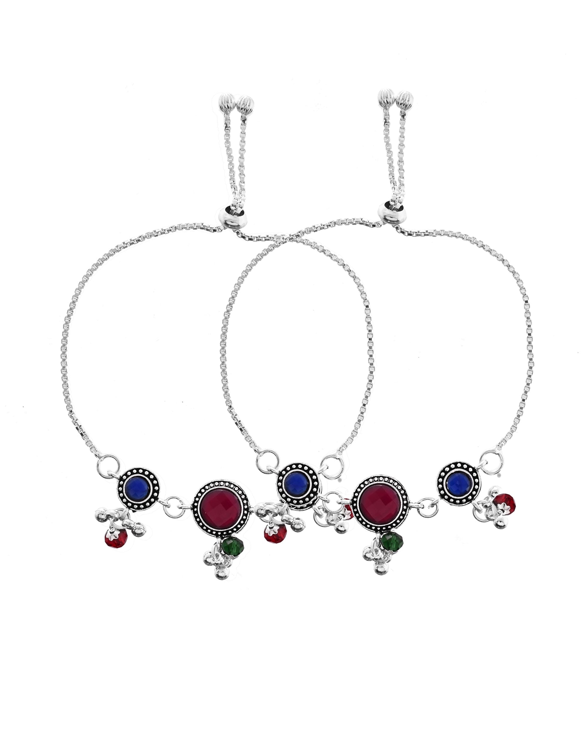 VOJ Set of 2 Silver Plated Circular Designed Stone Studded Anklet 