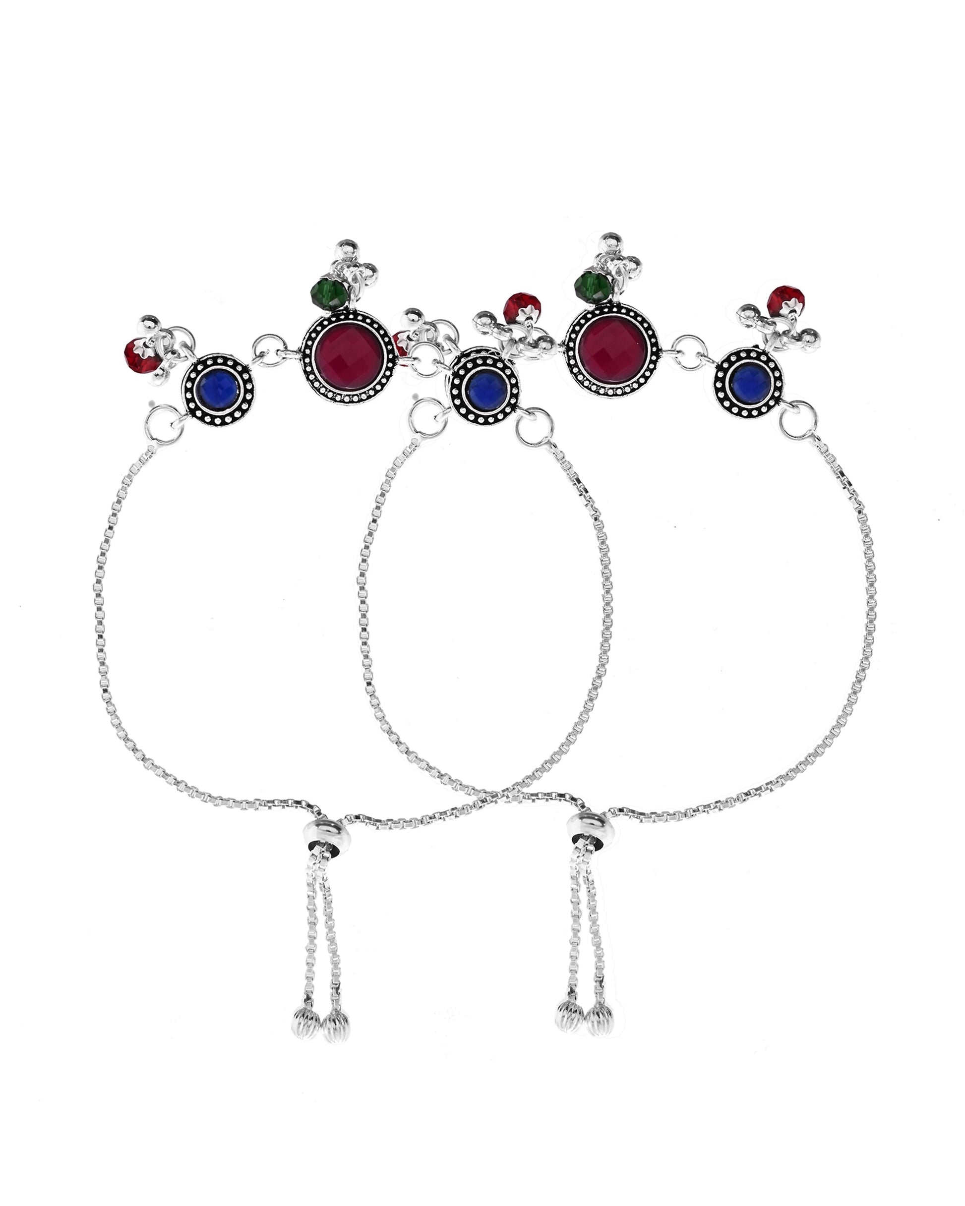 VOJ Set of 2 Silver Plated Circular Designed Stone Studded Anklet 