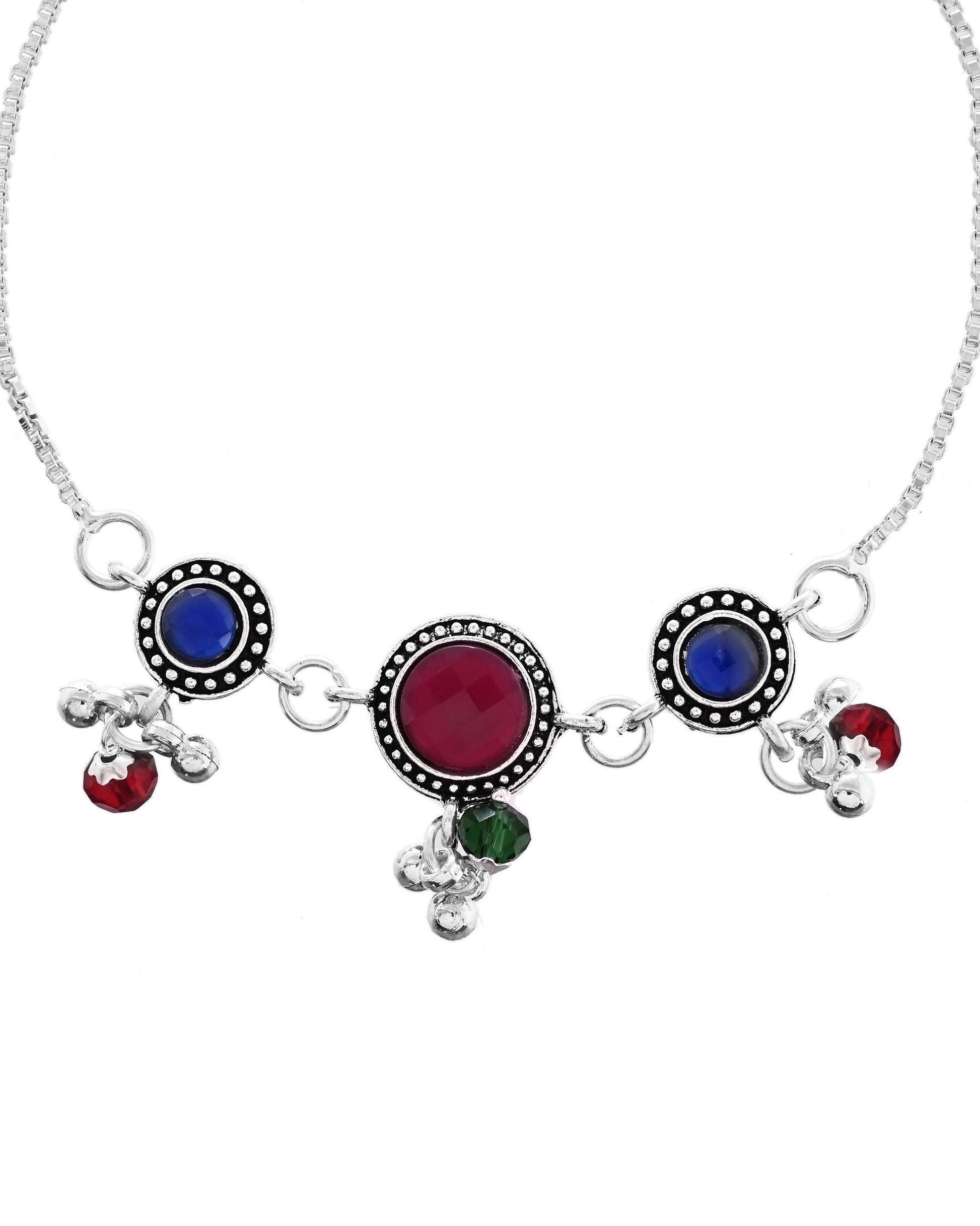 VOJ Set of 2 Silver Plated Circular Designed Stone Studded Anklet 