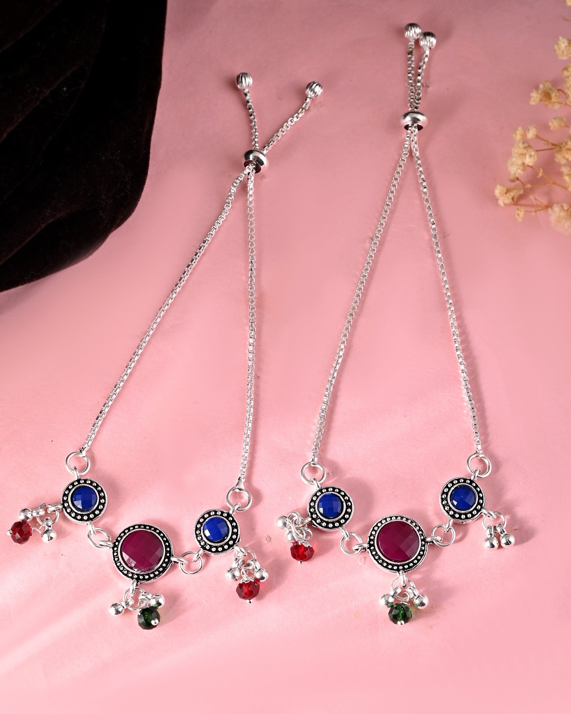 VOJ Set of 2 Silver Plated Circular Designed Stone Studded Anklet 