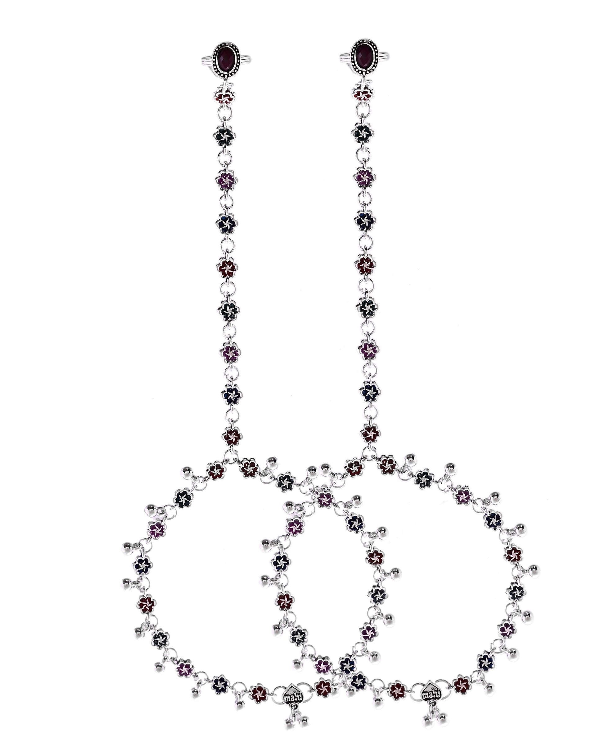 VOJ Set of 2 Floral Designer Meenakari Anklet with Toe Ring 