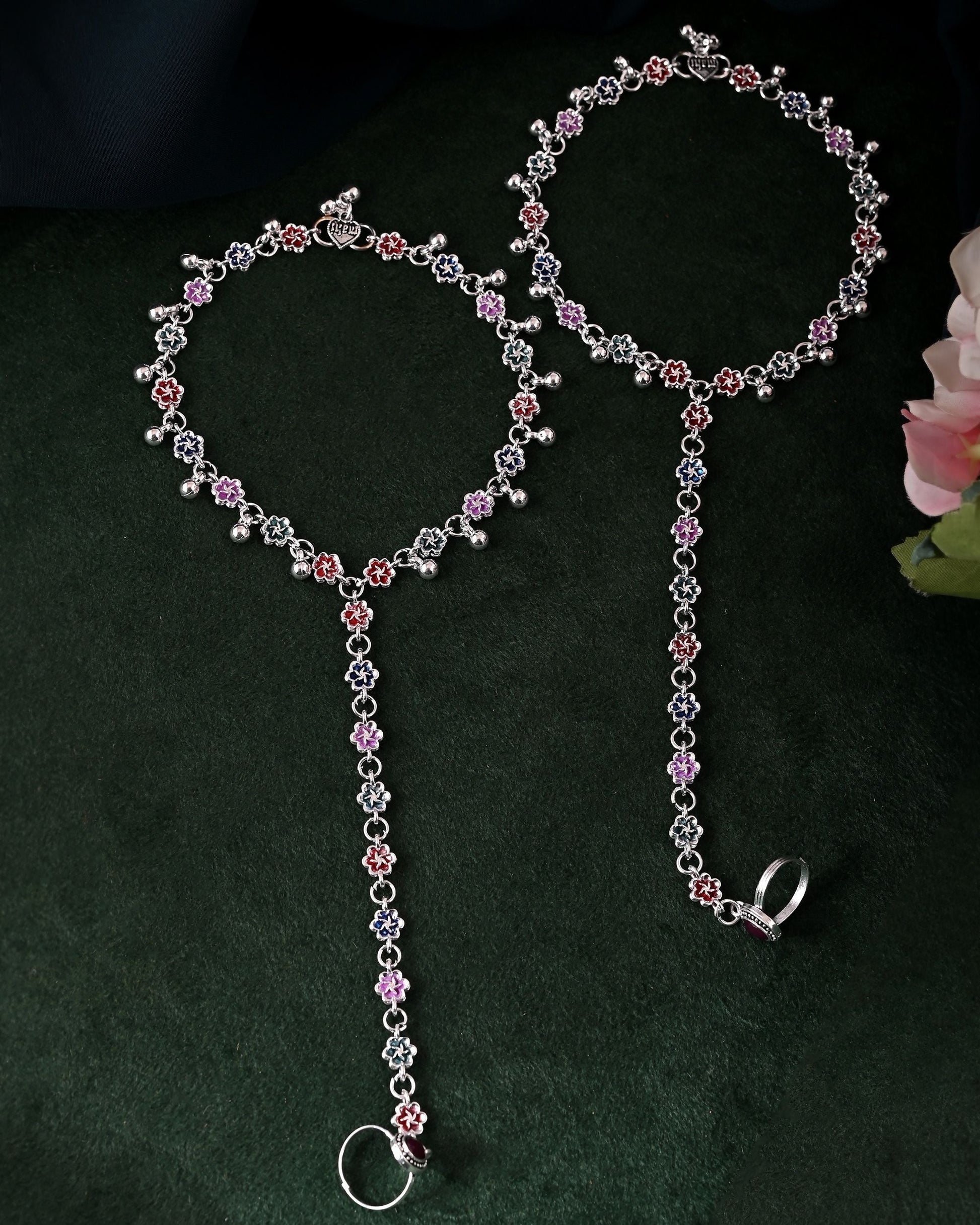 VOJ Set of 2 Floral Designer Meenakari Anklet with Toe Ring 