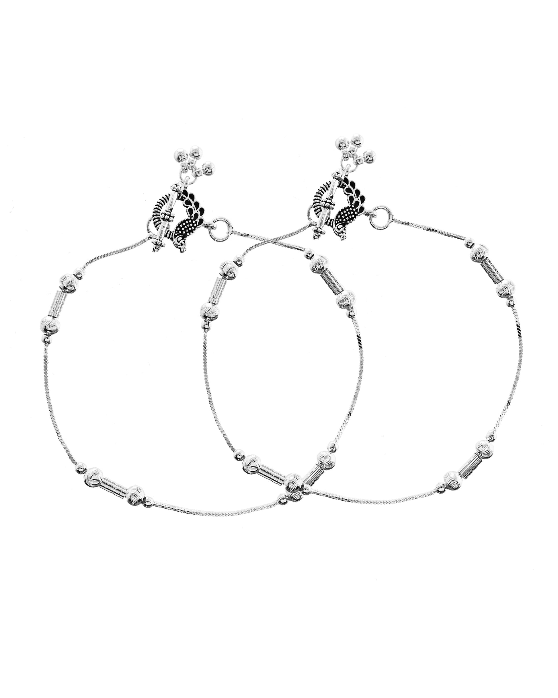VOJ Set of 2 Silver Plated Pipe Shaped Designer Anklet 