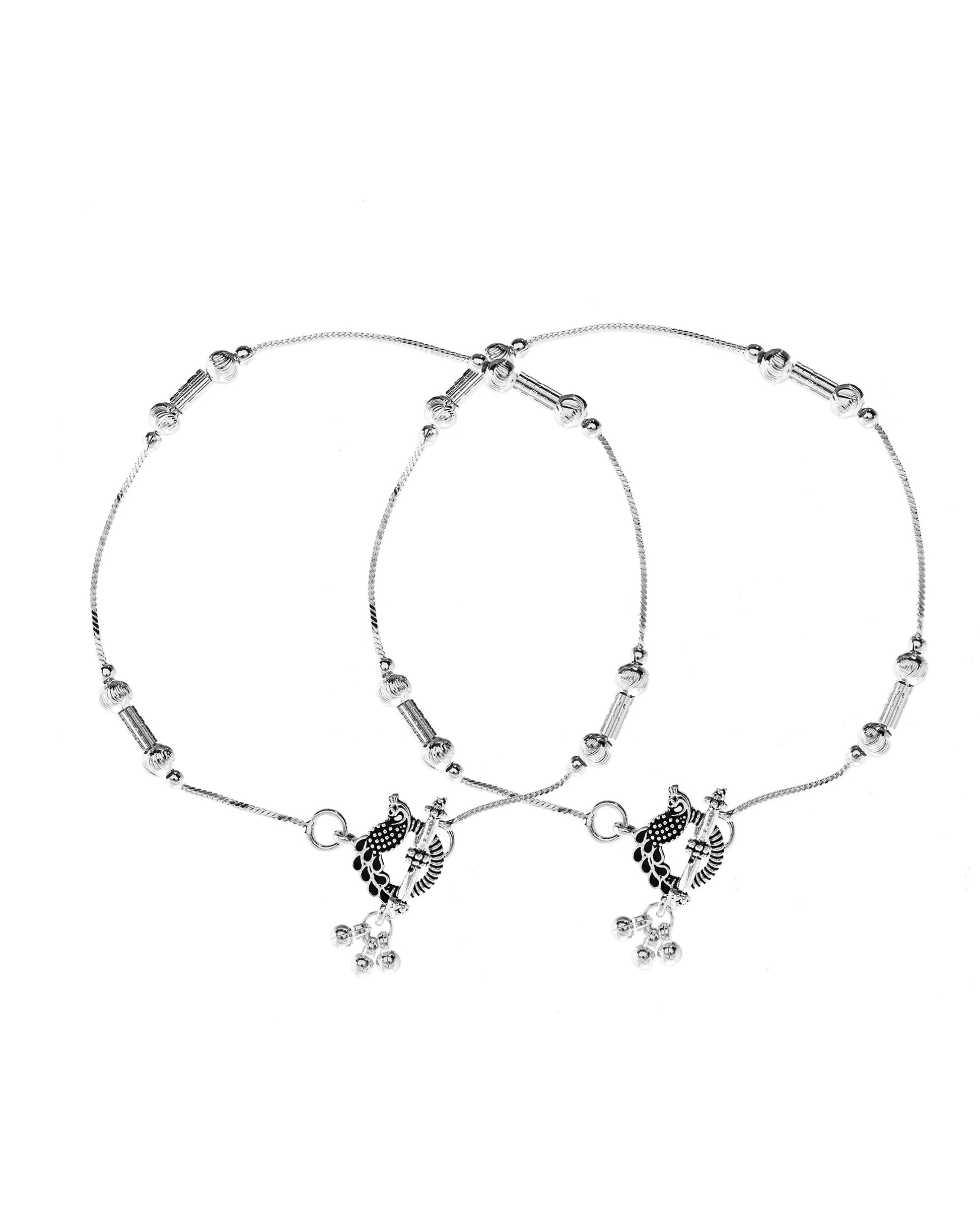 VOJ Set of 2 Silver Plated Pipe Shaped Designer Anklet 