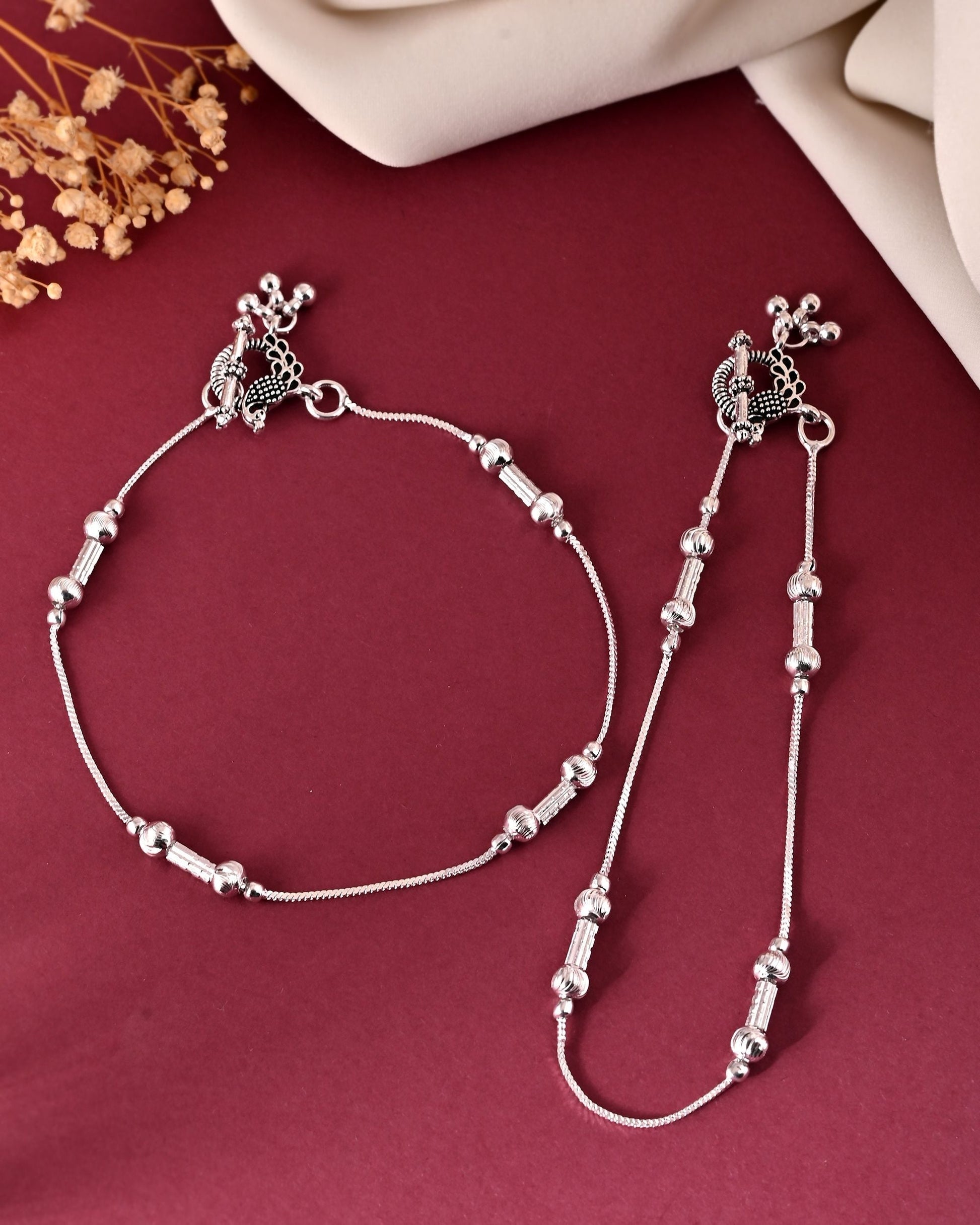 VOJ Set of 2 Silver Plated Pipe Shaped Designer Anklet 
