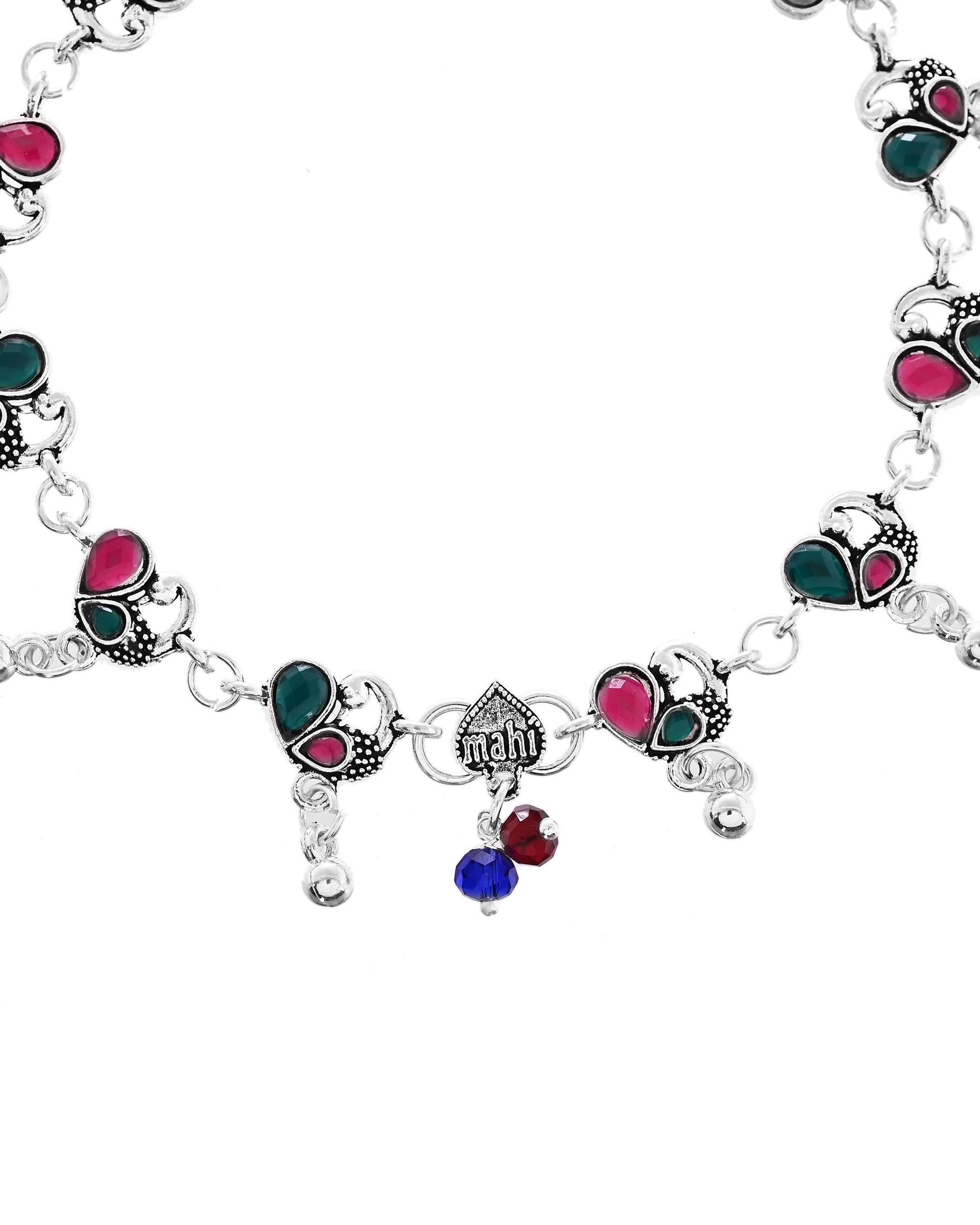 VOJ Set of 2 Silver Plated Peacock Shaped Stone Studded Anklet 