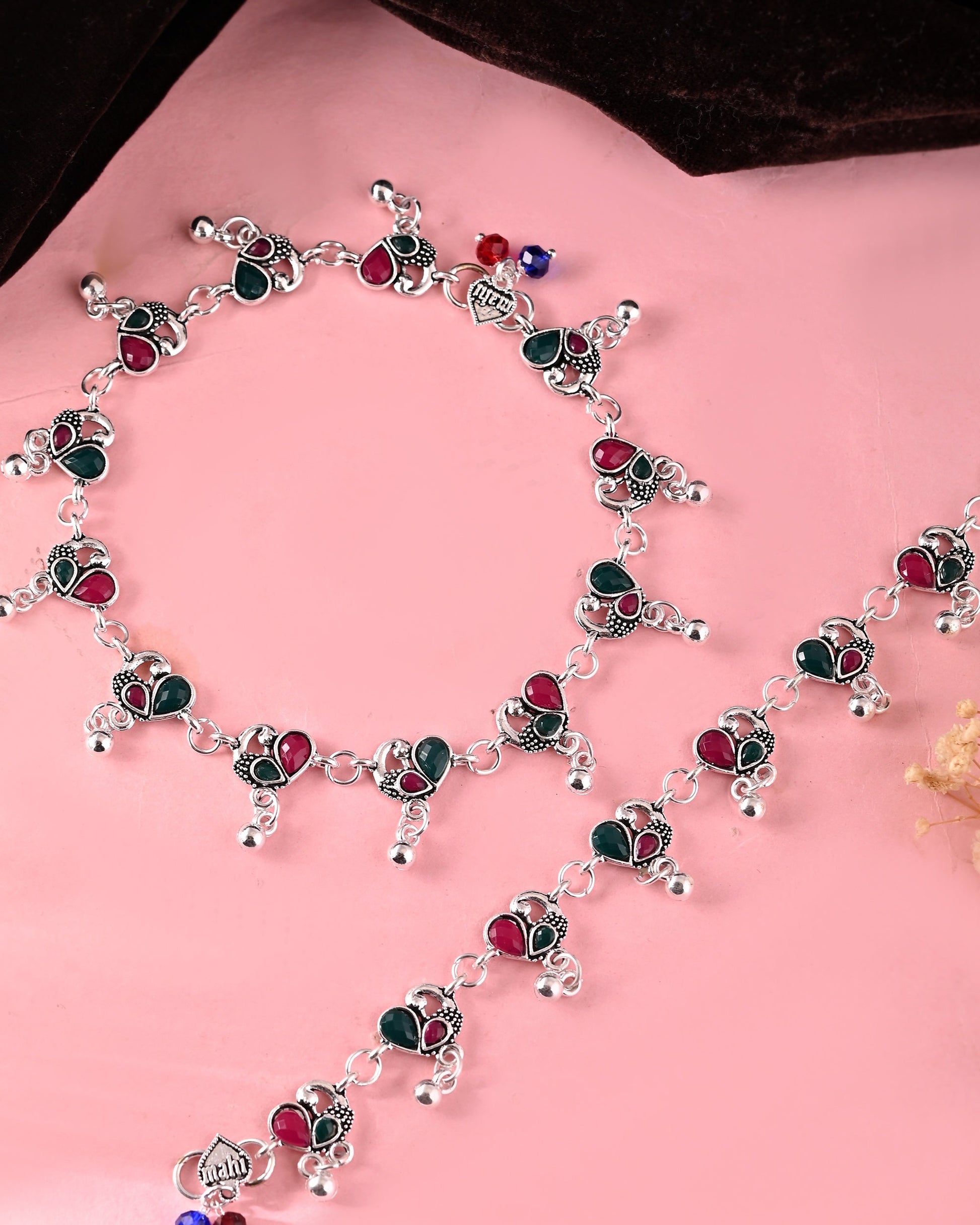 VOJ Set of 2 Silver Plated Peacock Shaped Stone Studded Anklet 