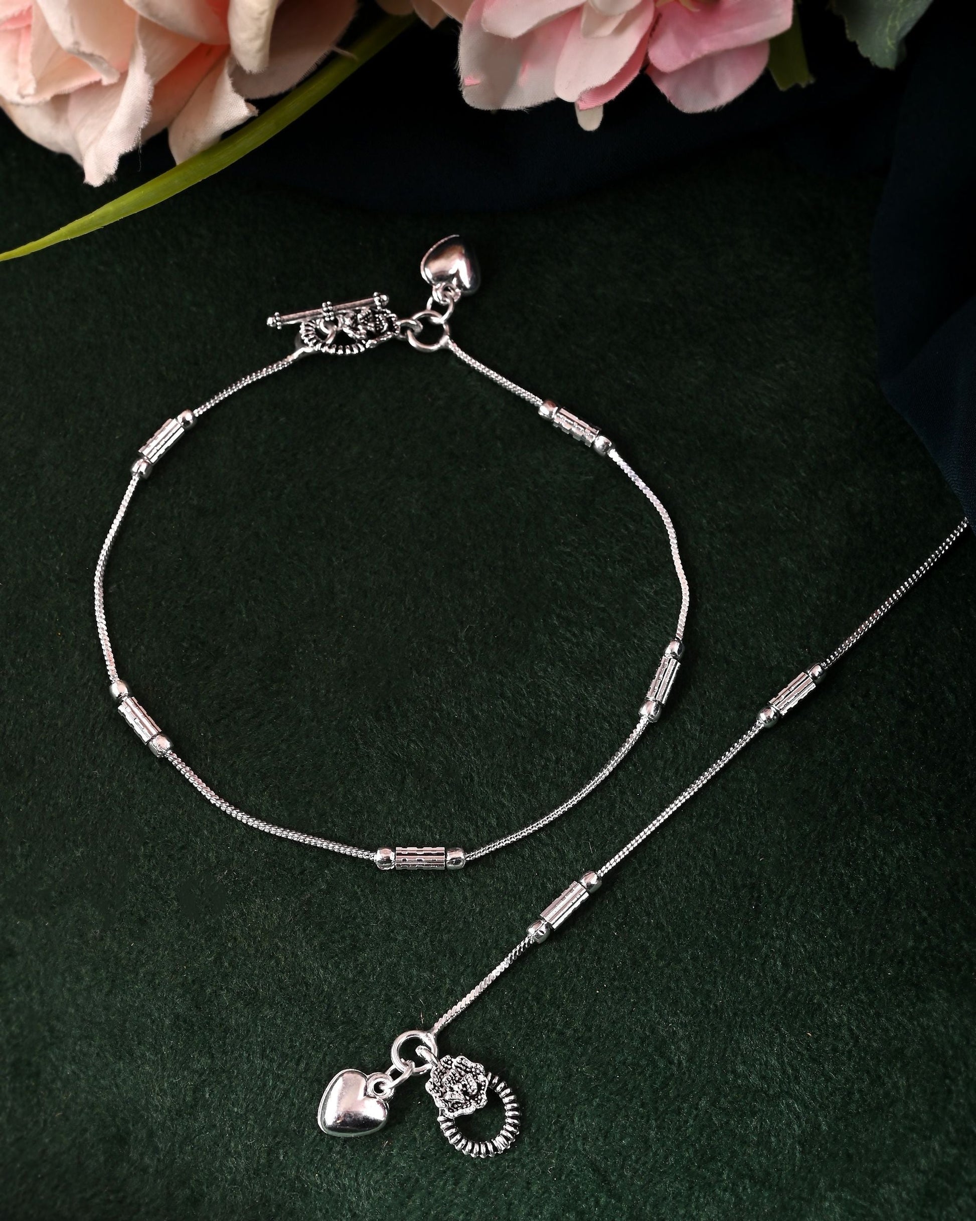 VOJ Set of 2 Silver Plated Pipe Shaped Handcrafted Anklet 