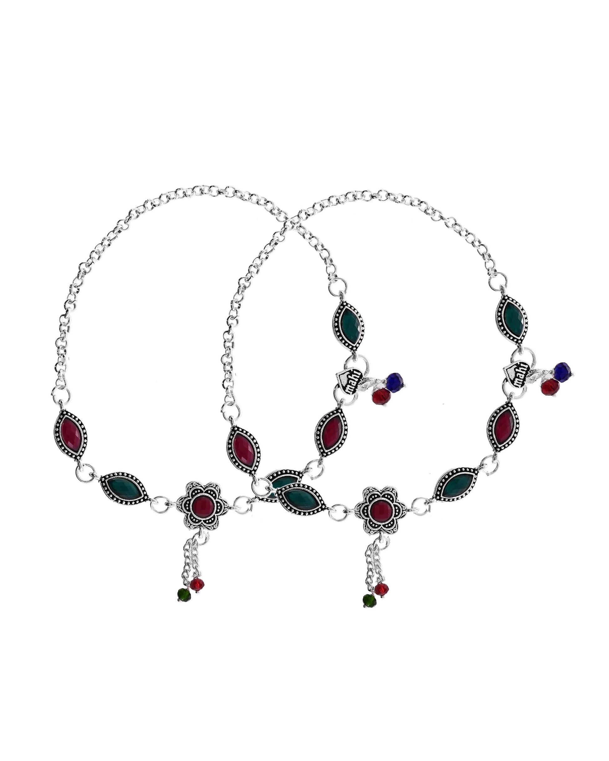 VOJ Set of 2 Silver Plated Floral Shaped Stone Studded Anklet 