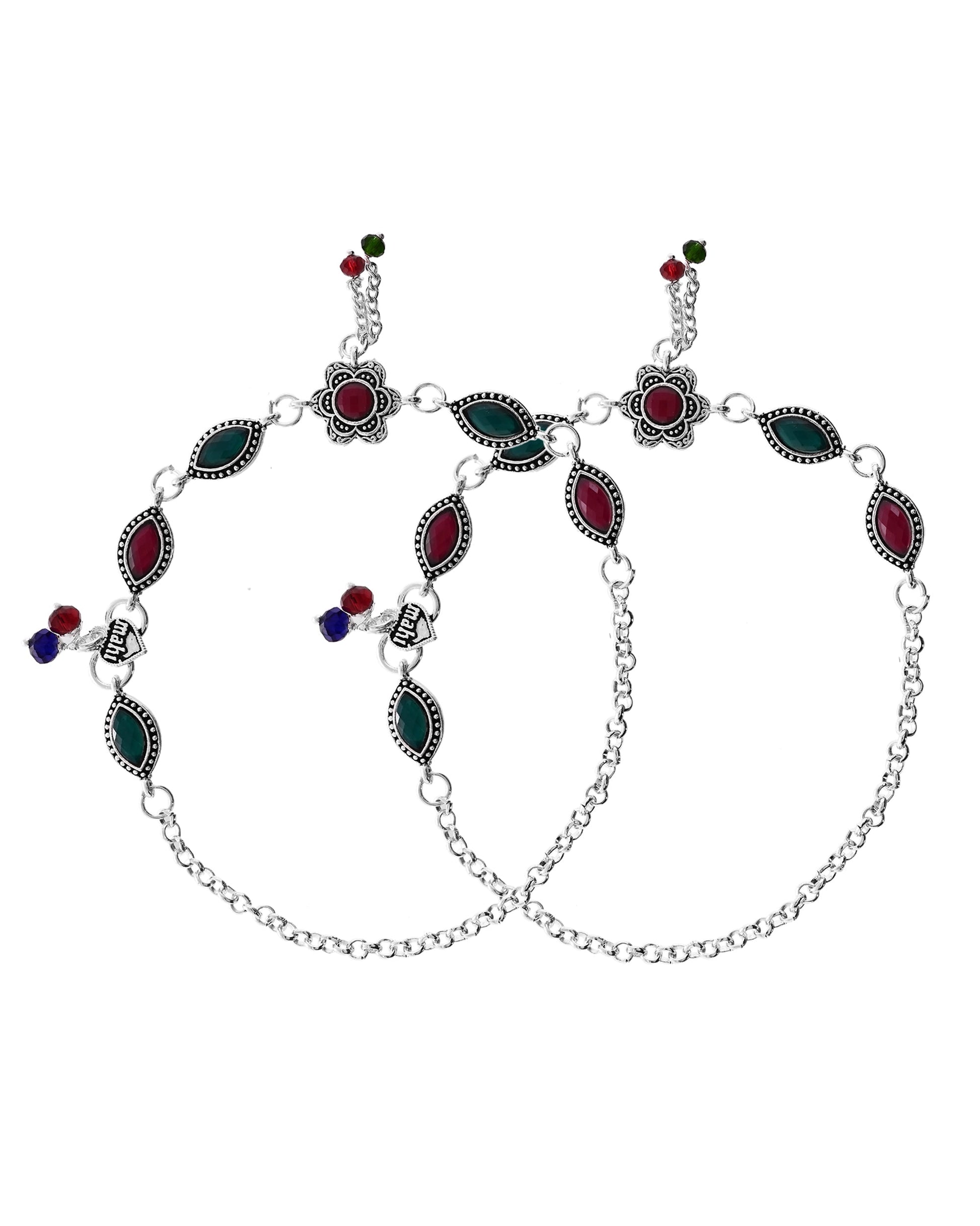VOJ Set of 2 Silver Plated Floral Shaped Stone Studded Anklet 
