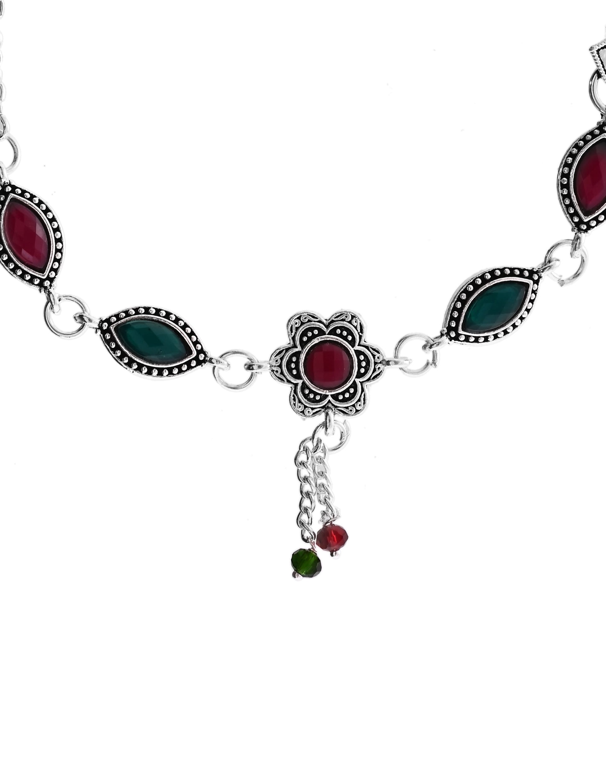 VOJ Set of 2 Silver Plated Floral Shaped Stone Studded Anklet 
