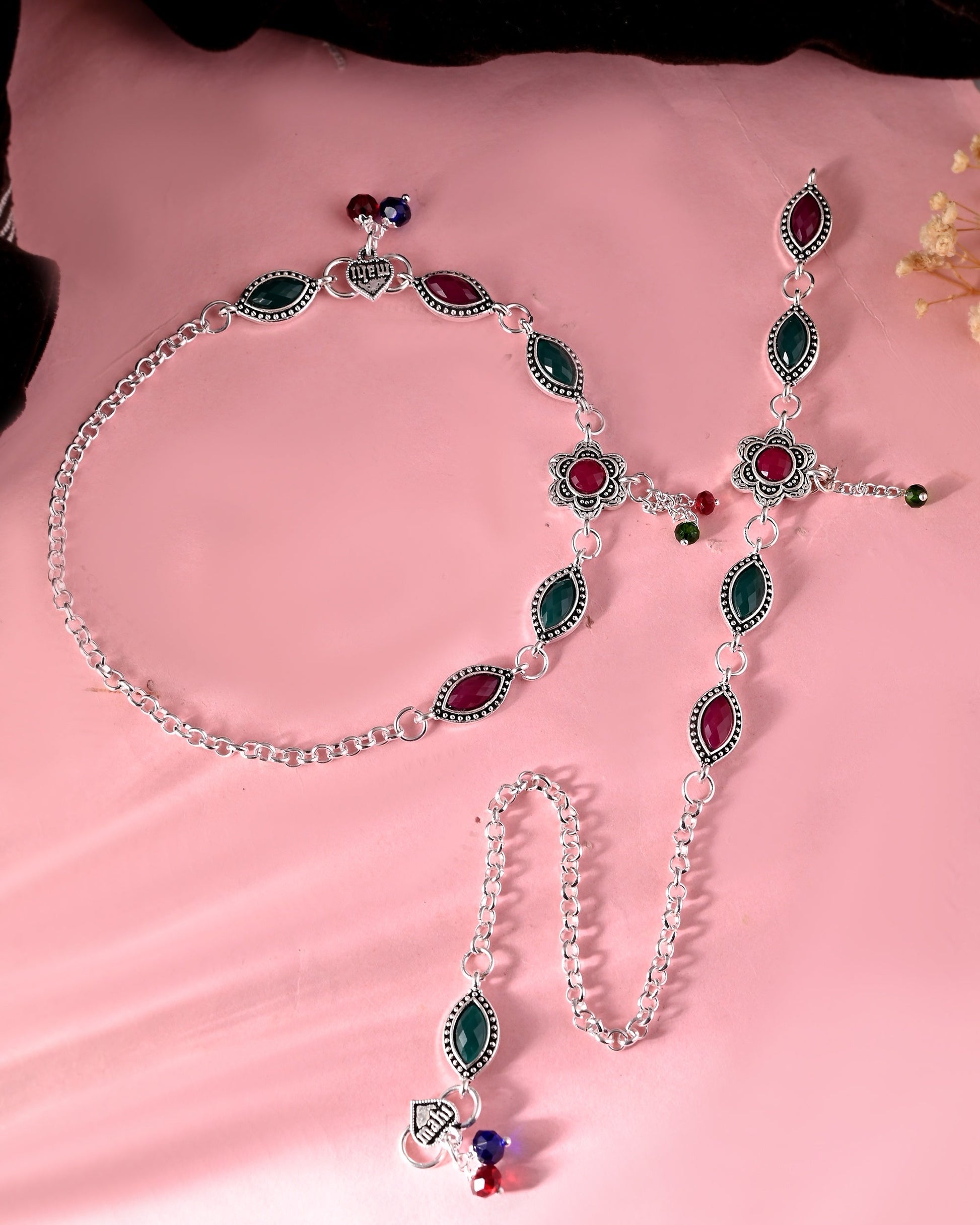 VOJ Set of 2 Silver Plated Floral Shaped Stone Studded Anklet 