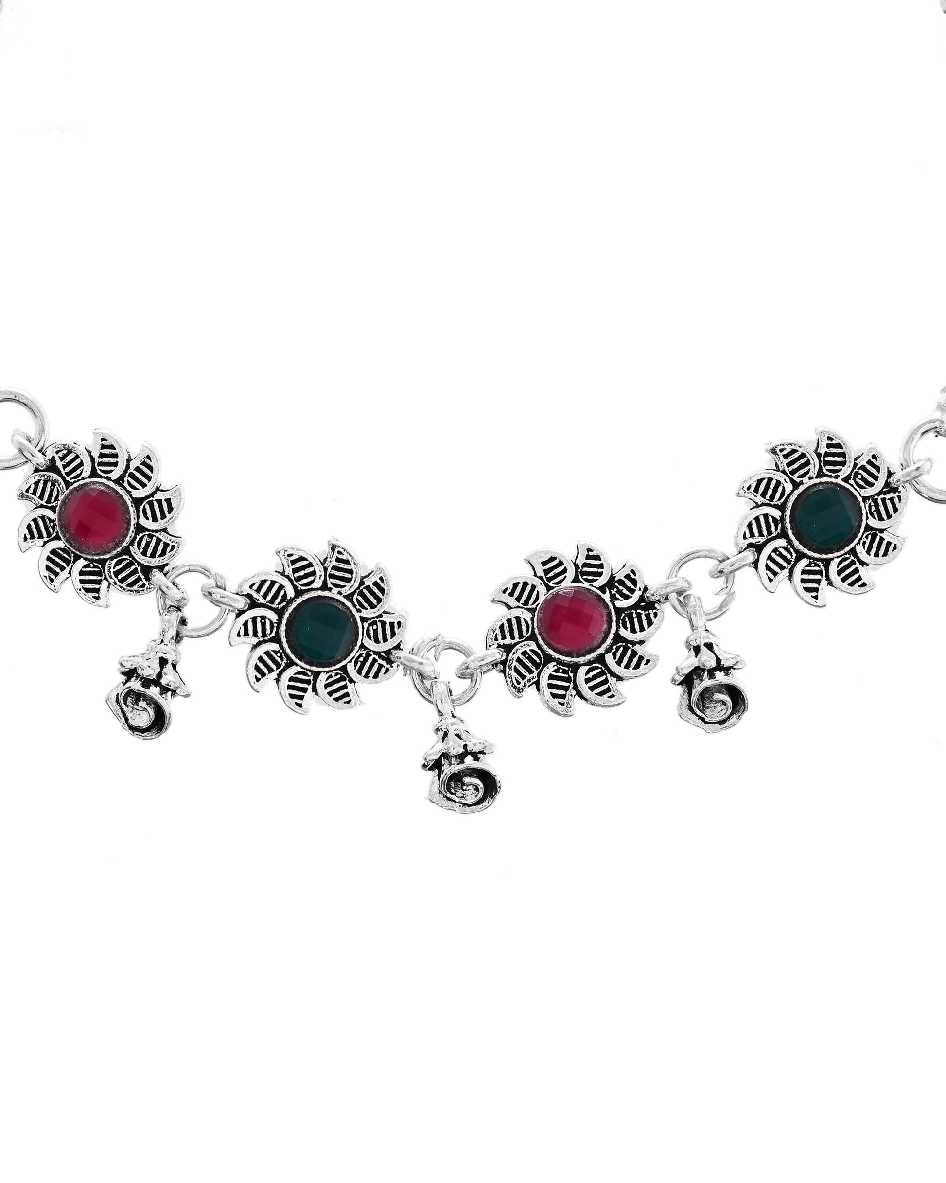 VOJ Set of 2 Silver Plated Floral Designed Stone Studded Anklet 