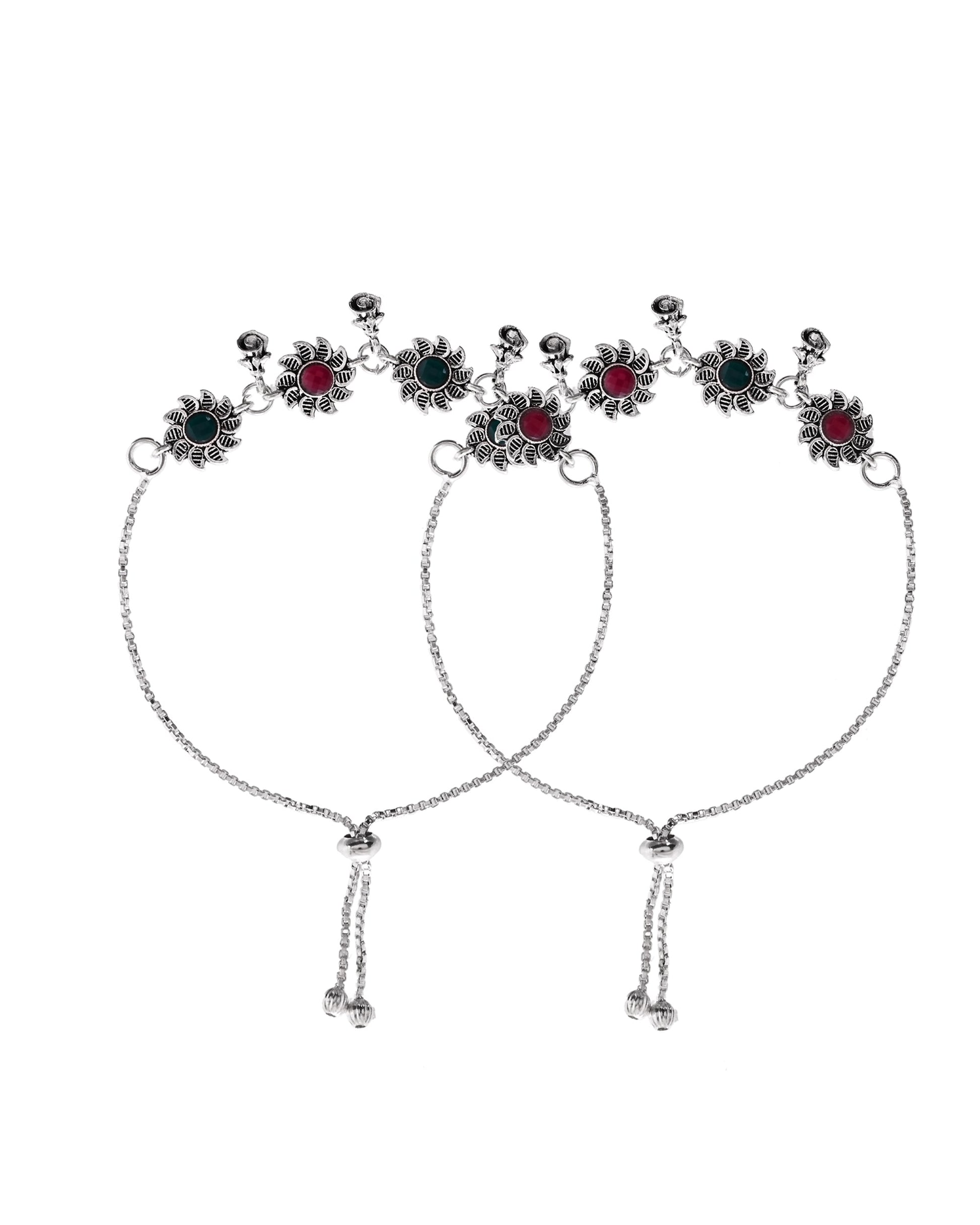 VOJ Set of 2 Silver Plated Floral Designed Stone Studded Anklet 