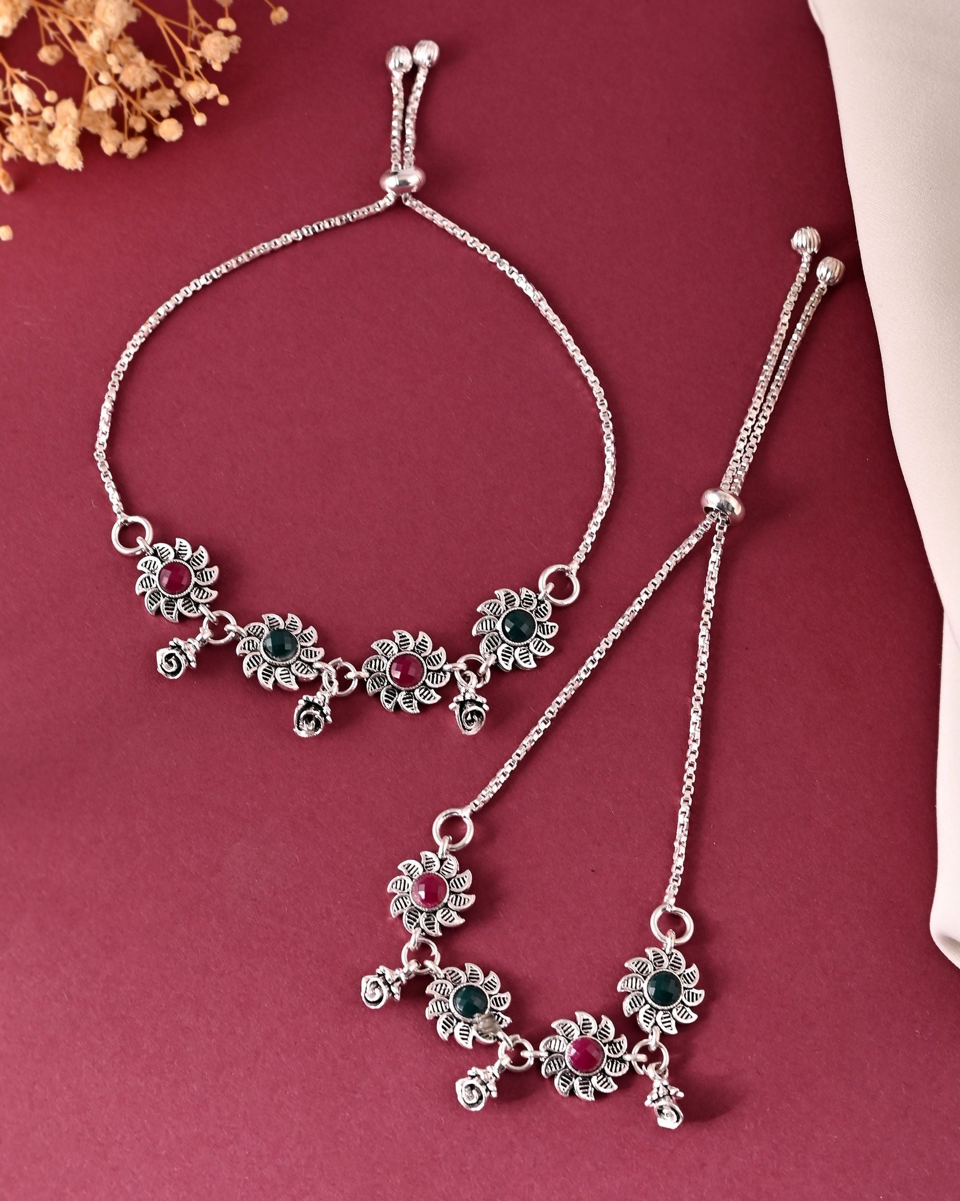 VOJ Set of 2 Silver Plated Floral Designed Stone Studded Anklet 