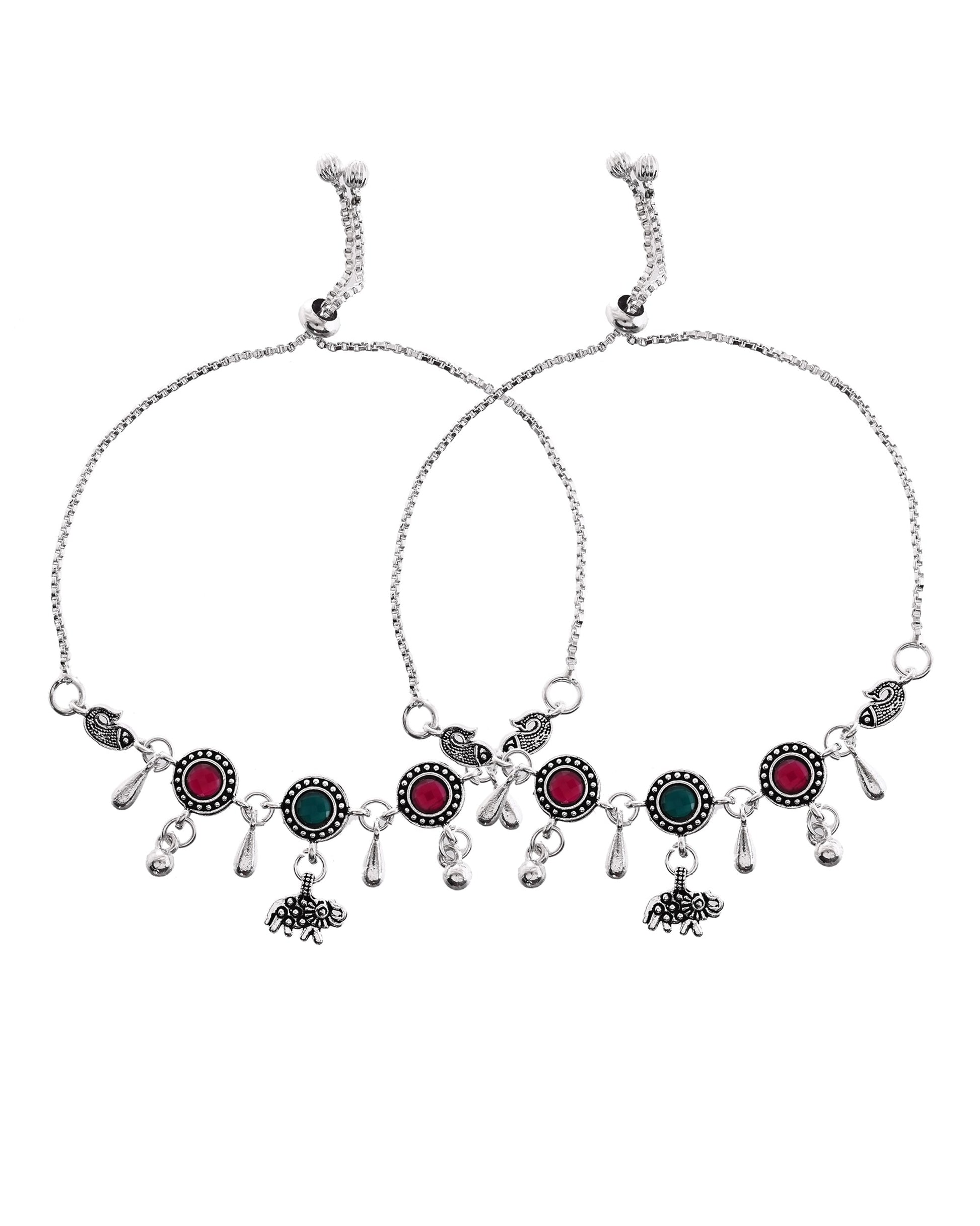 VOJ Set of 2 Silver Plated Stone Studded Designer Anklet 