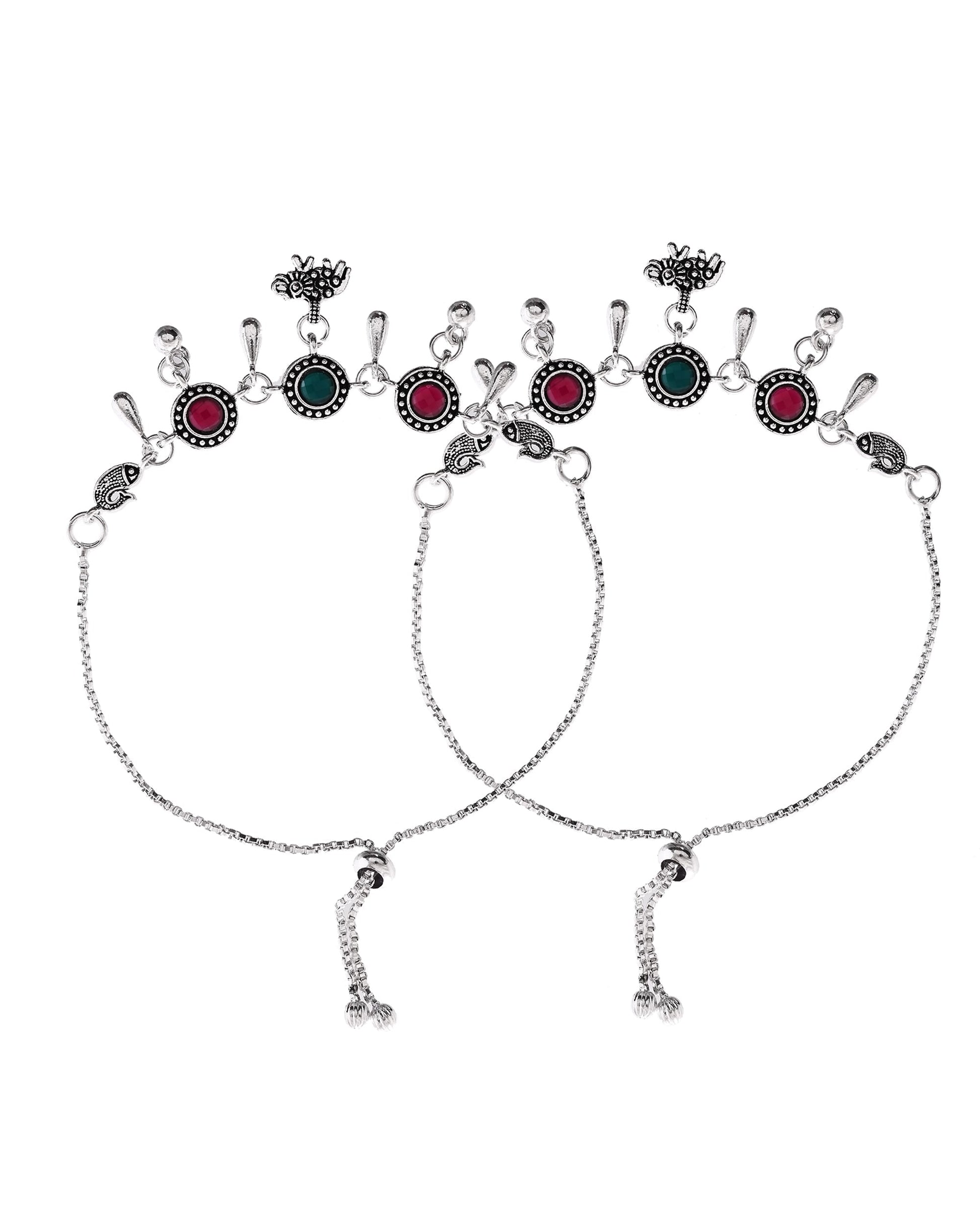 VOJ Set of 2 Silver Plated Stone Studded Designer Anklet 
