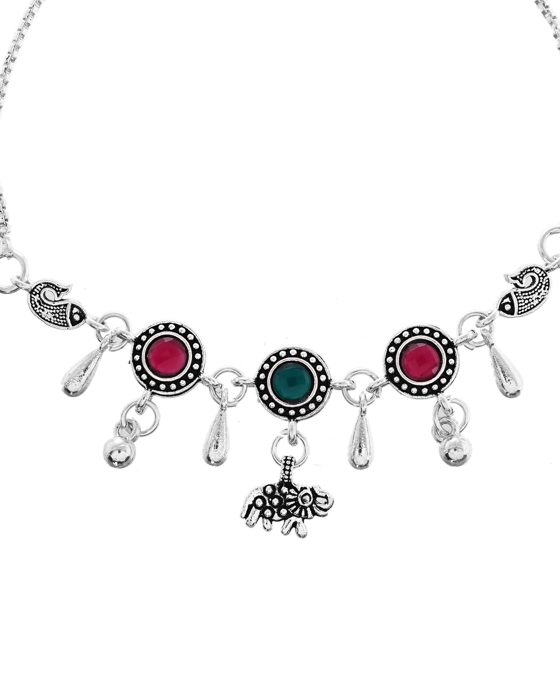 VOJ Set of 2 Silver Plated Stone Studded Designer Anklet 