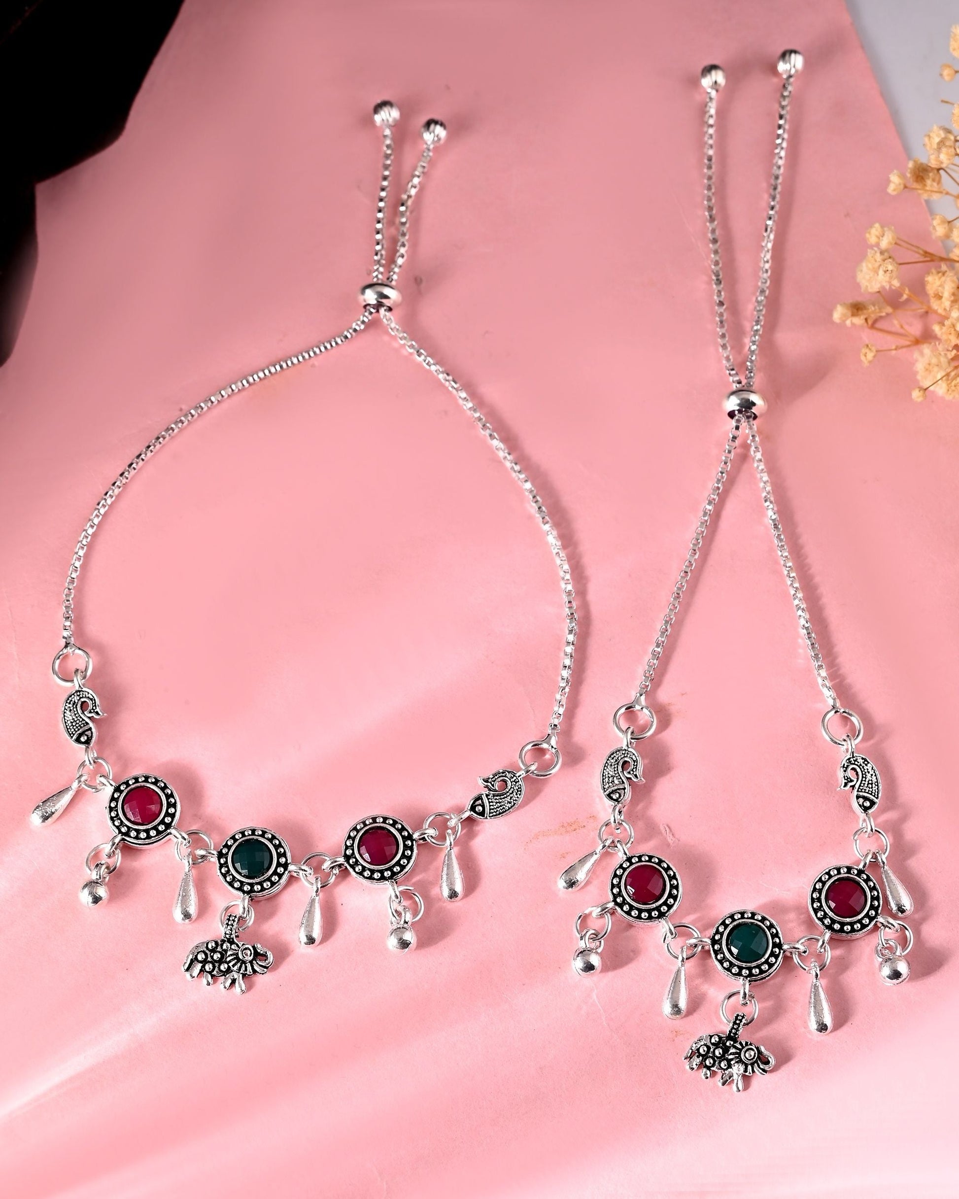 VOJ Set of 2 Silver Plated Stone Studded Designer Anklet 