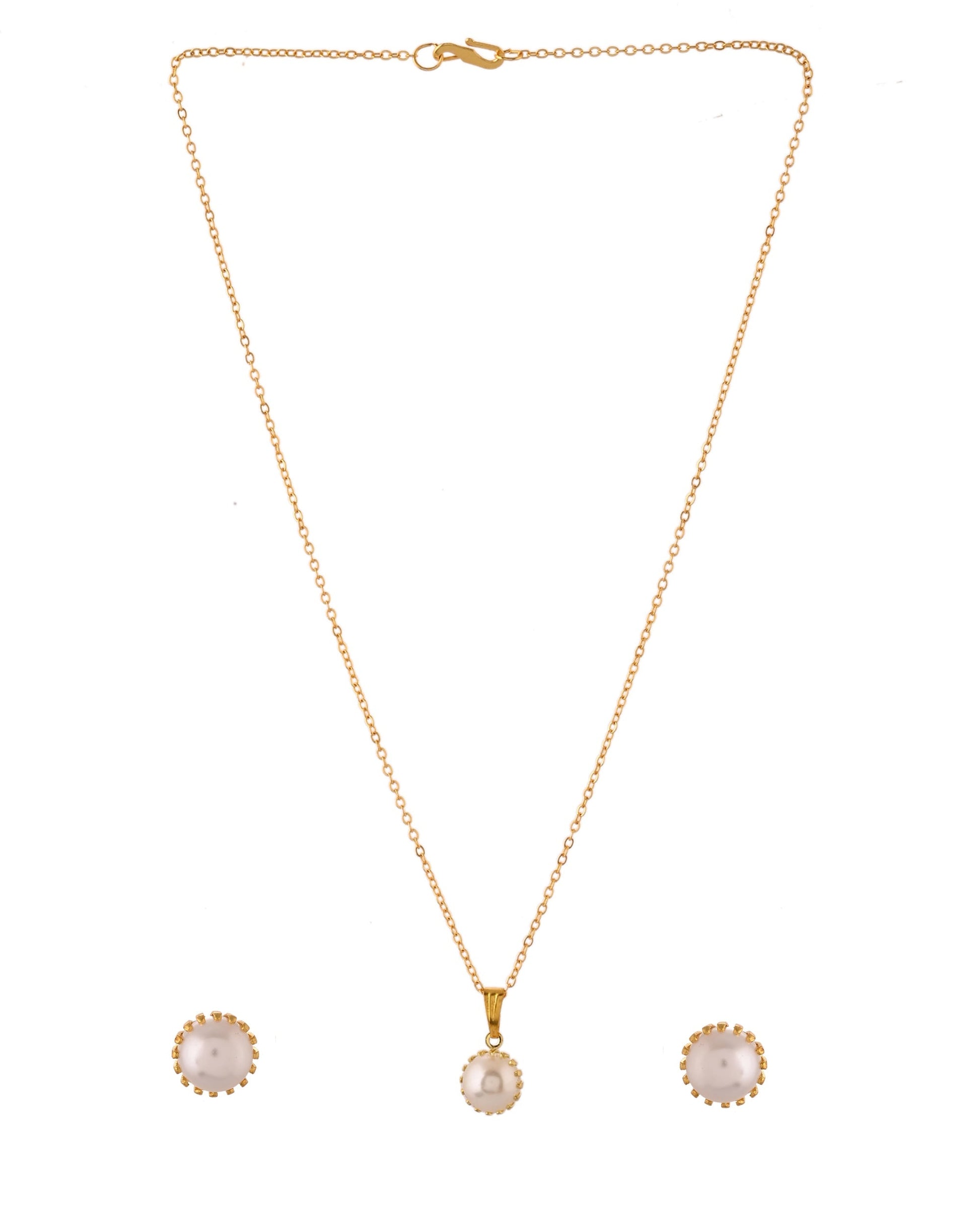 VOJ Gold Polished Stainless Steel White Pearl Studded Chain Set 