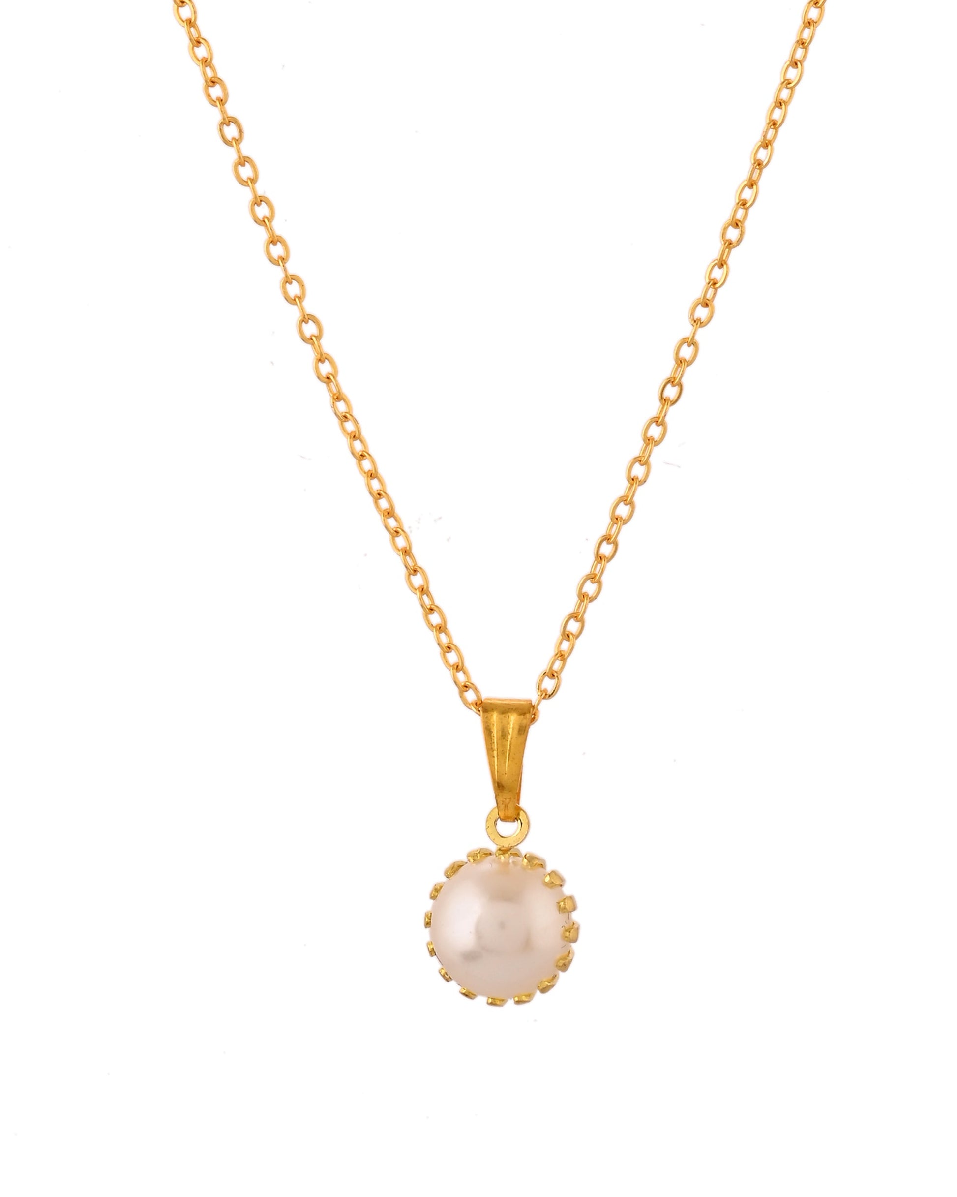 VOJ Gold Polished Stainless Steel White Pearl Studded Chain Set 