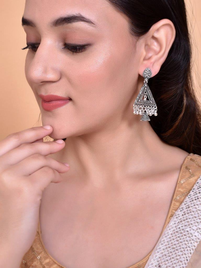 VOJ Studded Triangle Oxidised Silver Plated Contemporary Drop Earrings - Grab2buy